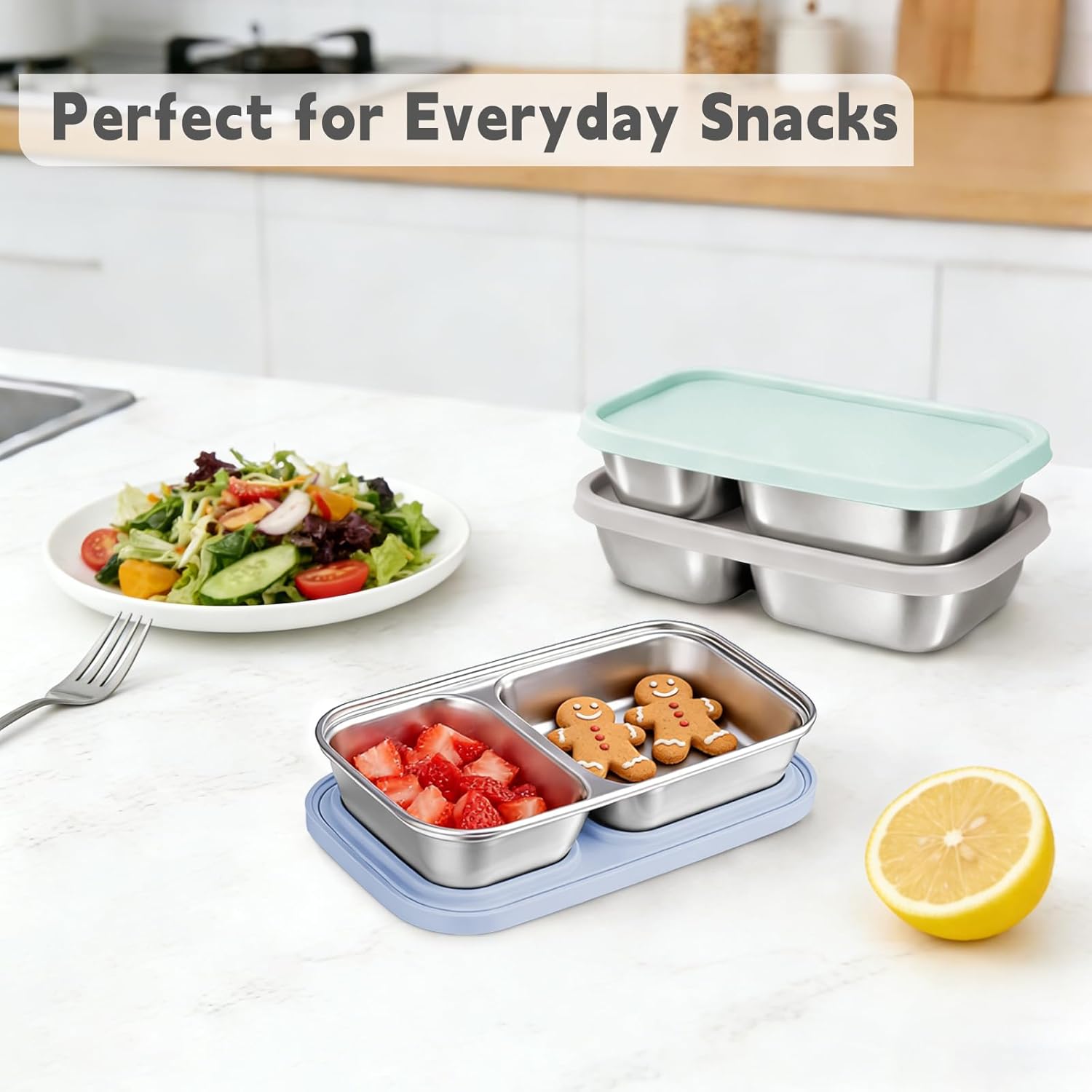 3 Pack Stainless Steel Snack Containers with Silicone Lids, 2-Compartment Snack Containers for Lunch, Office, Travel & Camping(Aqua, Blue, Grey) - Image 3