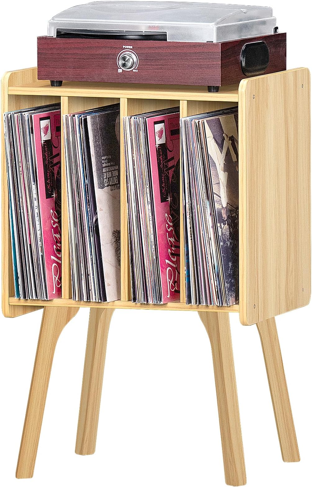 LELELINKY Small Record Player Stand - Width 11.7 in, Natural Vinyl Record Storage Table with 4 Cabinet Up to 80 Albums, Vinyl Holder with Wood Legs,Turntable Stand Display Shelf for Living Room