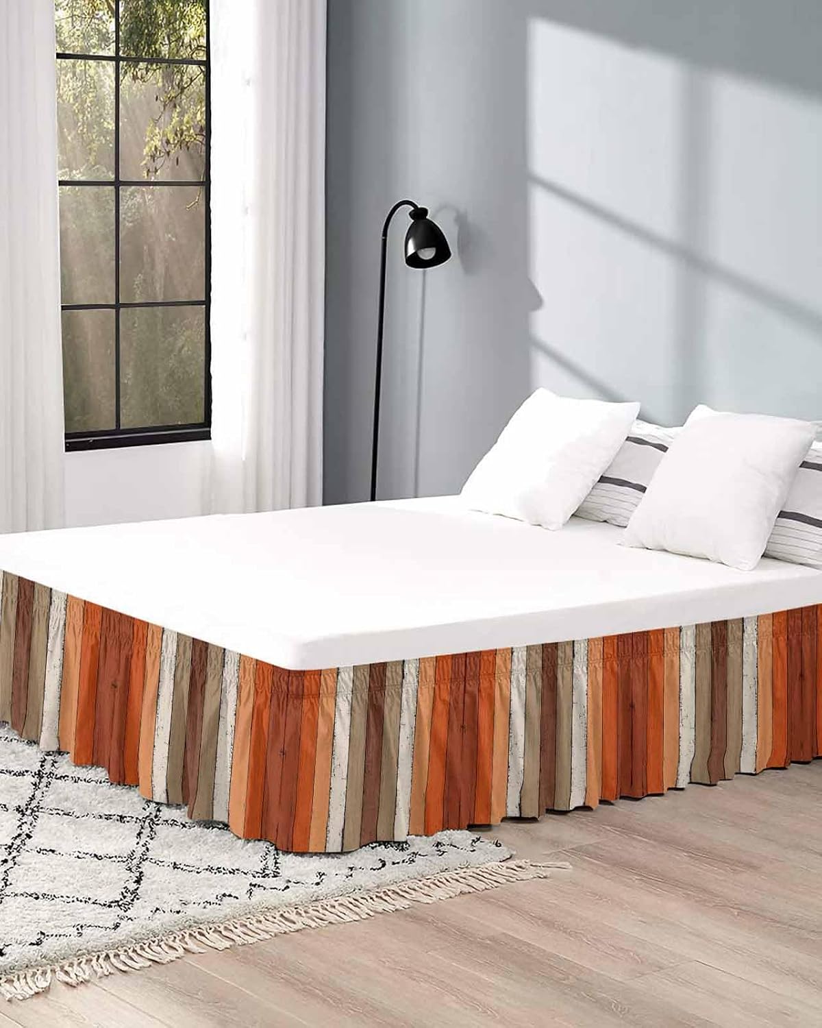 Farmhouse Burnt Orange Brown Bed Skirt King Size 18 Inch Drop, Adjustable Elastic Bedskirt Dust Ruffle for King Size Bed, Vintage Country Wooden Wrap Around Bed Skirts Pleated Bed Frame Cover