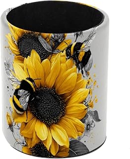 Faux Leather Pen Holder for Desk, Pencil Organizer Bee and Sunflowers Pen Cup Desk Decor Makeup Brush Holder Storage for Office Home