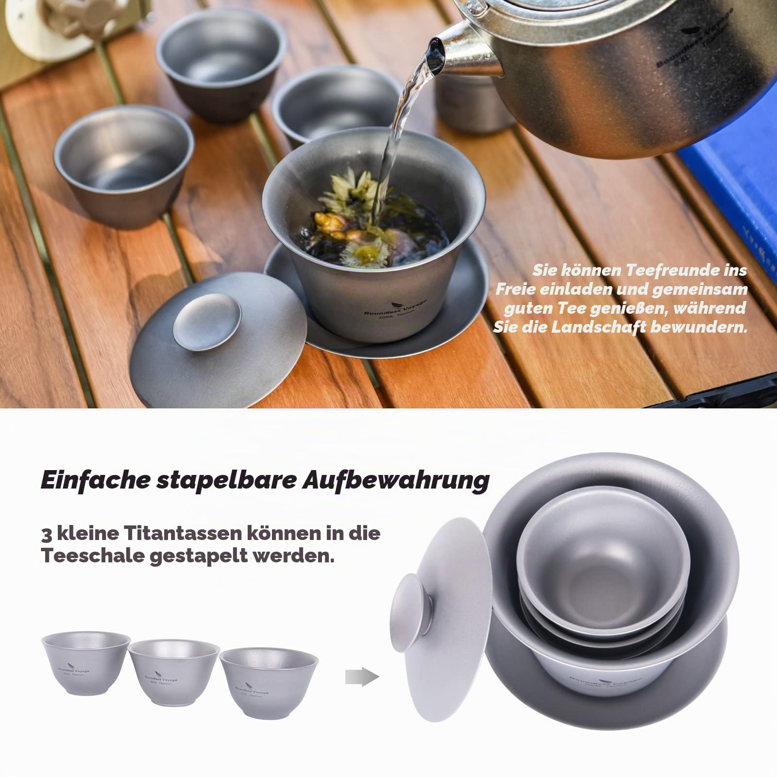 iBasingo 200ml Titan Gaiwan 3 35ml Kung Fu Teetasse & Untertasse mit Deckel Tragbares Reise Teeservice Chinesische Teeset Leichtes Outdoor Camping Doppelwandige Langlebige Teetassen Ti3124D