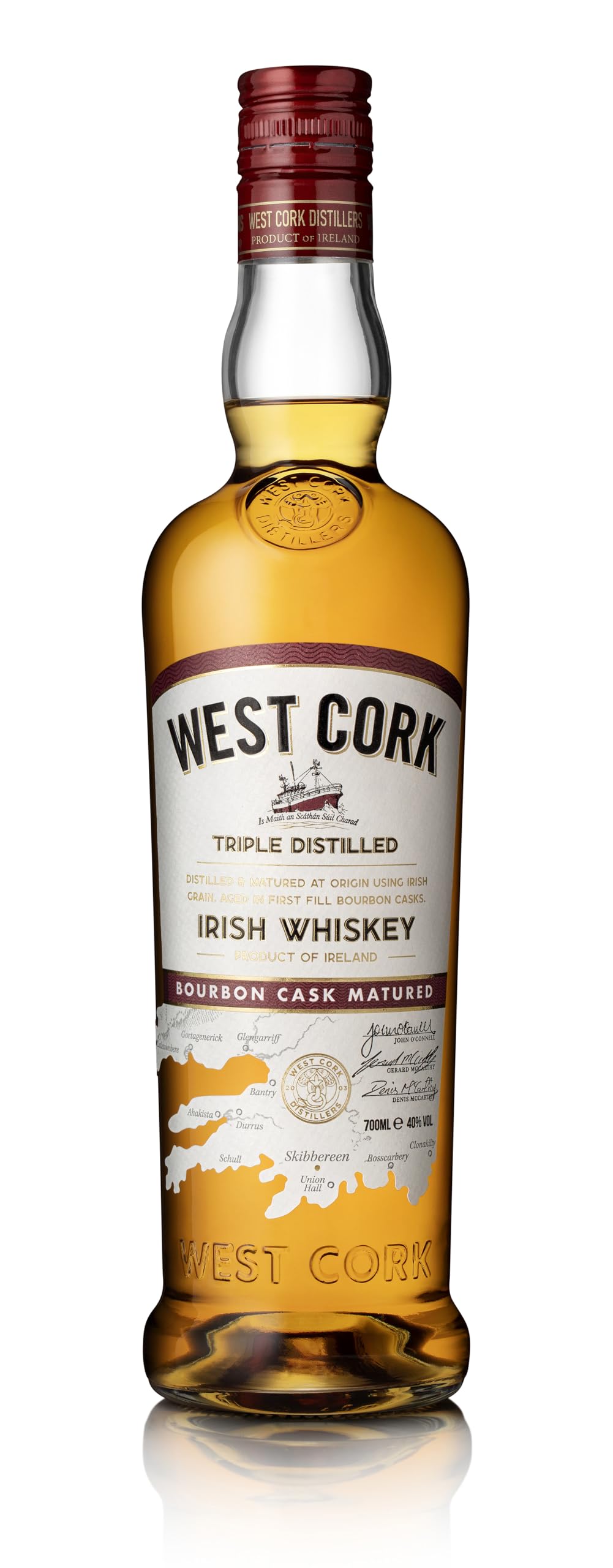West Cork Bourbon Cask Matured Irish Whiskey | Dreifach destilliert | 75% Grain & 25% Malt | Gereift in First-Fill Bourbonfässern | Weich & fruchtig-süß | 40% Vol. | 700ml