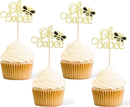 24 piezas Oh Babee para cupcakes con purpurina negra de doble cara Sweet Bumble Bee Baby Cupcake Picks Baby Shower para decoración de pasteles