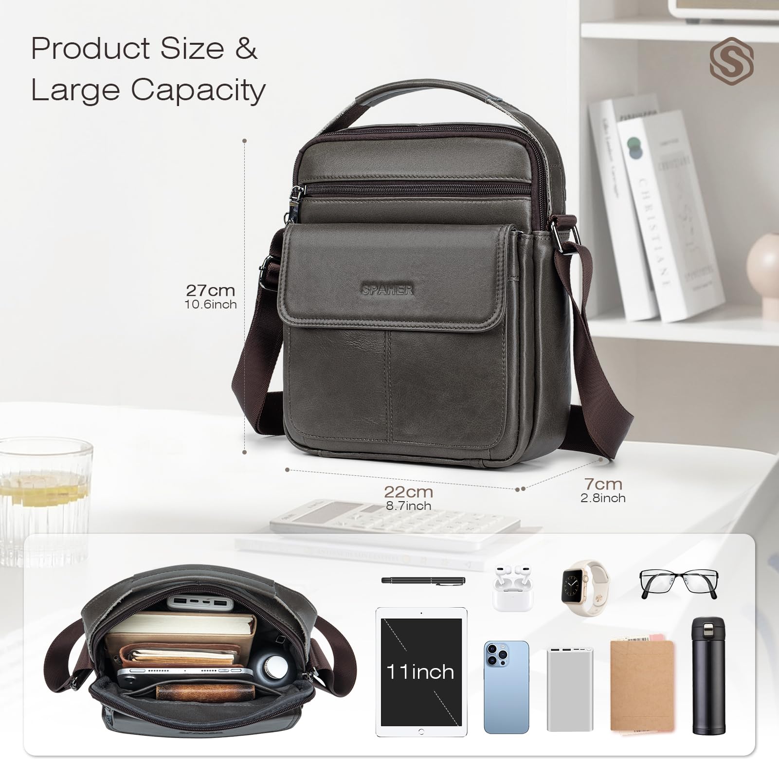 SPAHER Borsello Uomo Tracolla Pelle Grande Borsello per Ipad 11 Pollici Borsa Tracolla Impermeabile Borsetta Marsupio Uomo Multitasche per Quotidiano Lavoro Messenger Crossbody Sling Bag,Caffè
