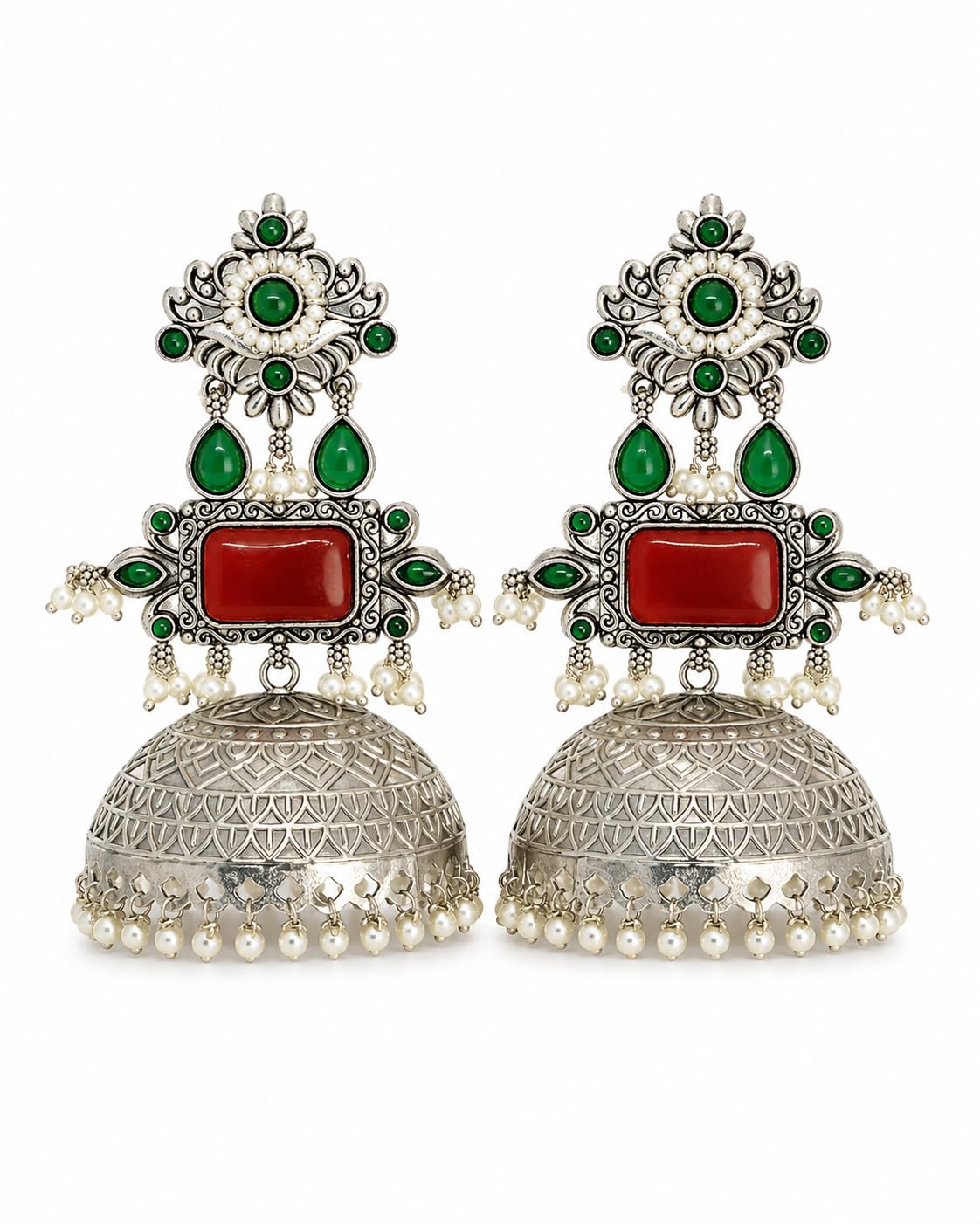 Silver Tone Brass Temple Jhumka Earrings for Women | Traditional Statement Dome Earrings with Decorative Stones & Pearl Beads | Designer Ethnic Jewellery for Wedding, Festive & Special Occasions-image-23