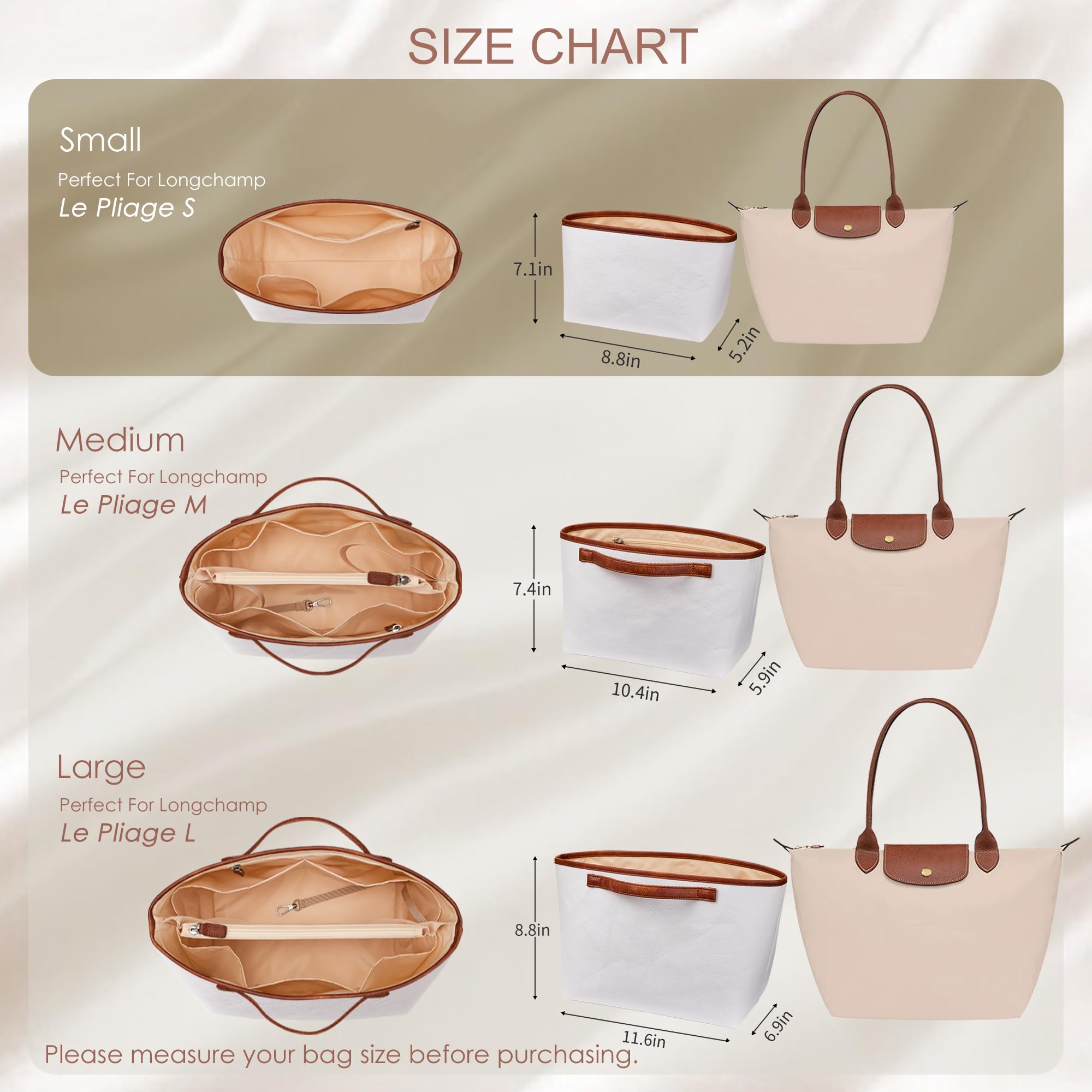KALIDI Organizador de Bolso Inserto para Longchamp Le Pliage S Xtra, Funda Ultraligera Impermeable con Divisores Internos Mejorada para Bolso de Mano de Mujer, Blanco Pequeño