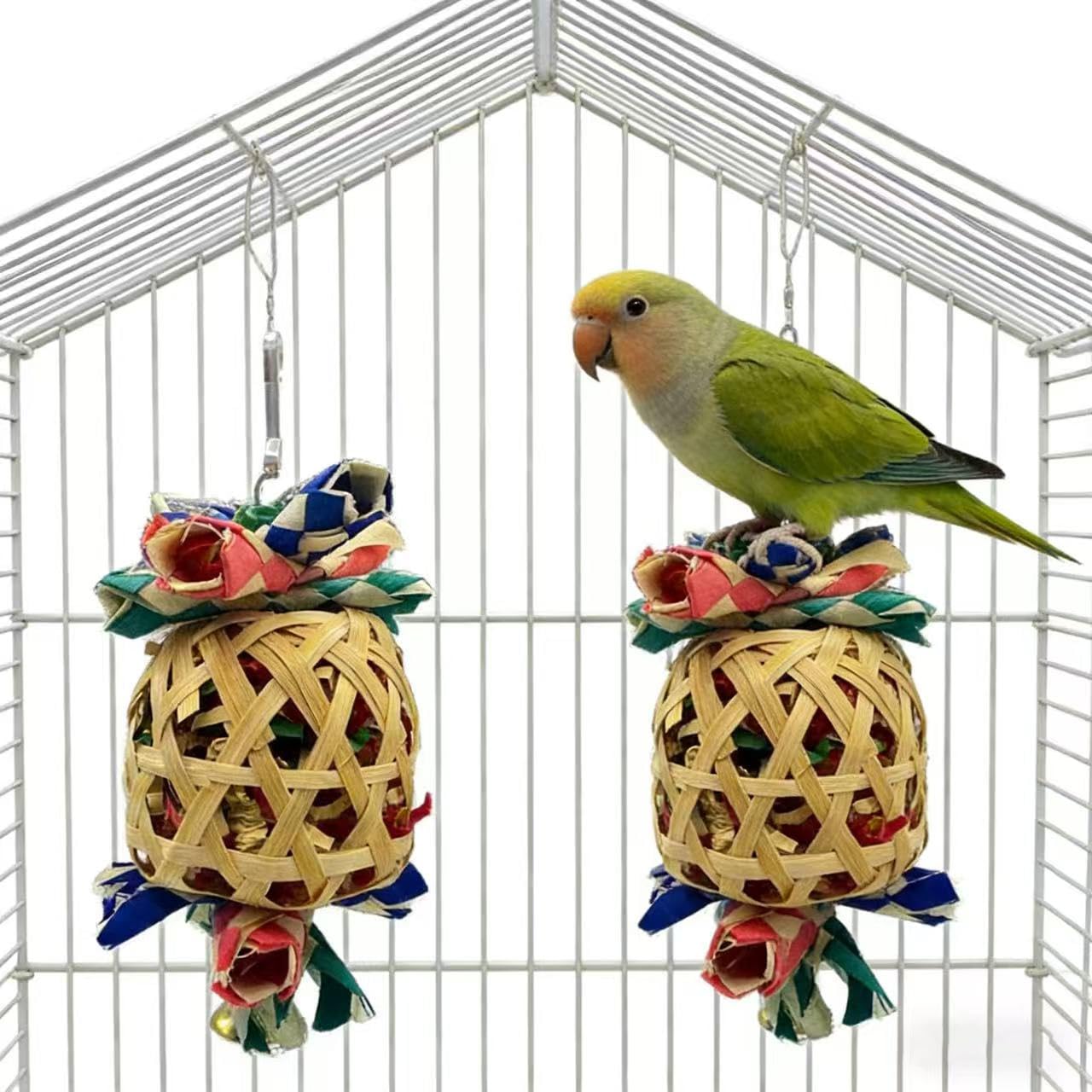 2PCS Bird Chewing Toys, Foraging Shredder Hanging Toys with Bell Parakeet Toy Parrot Swing Climbing Standing Toys Bird Cage Accessories for Conure Cockatiel Budgies Lovebird