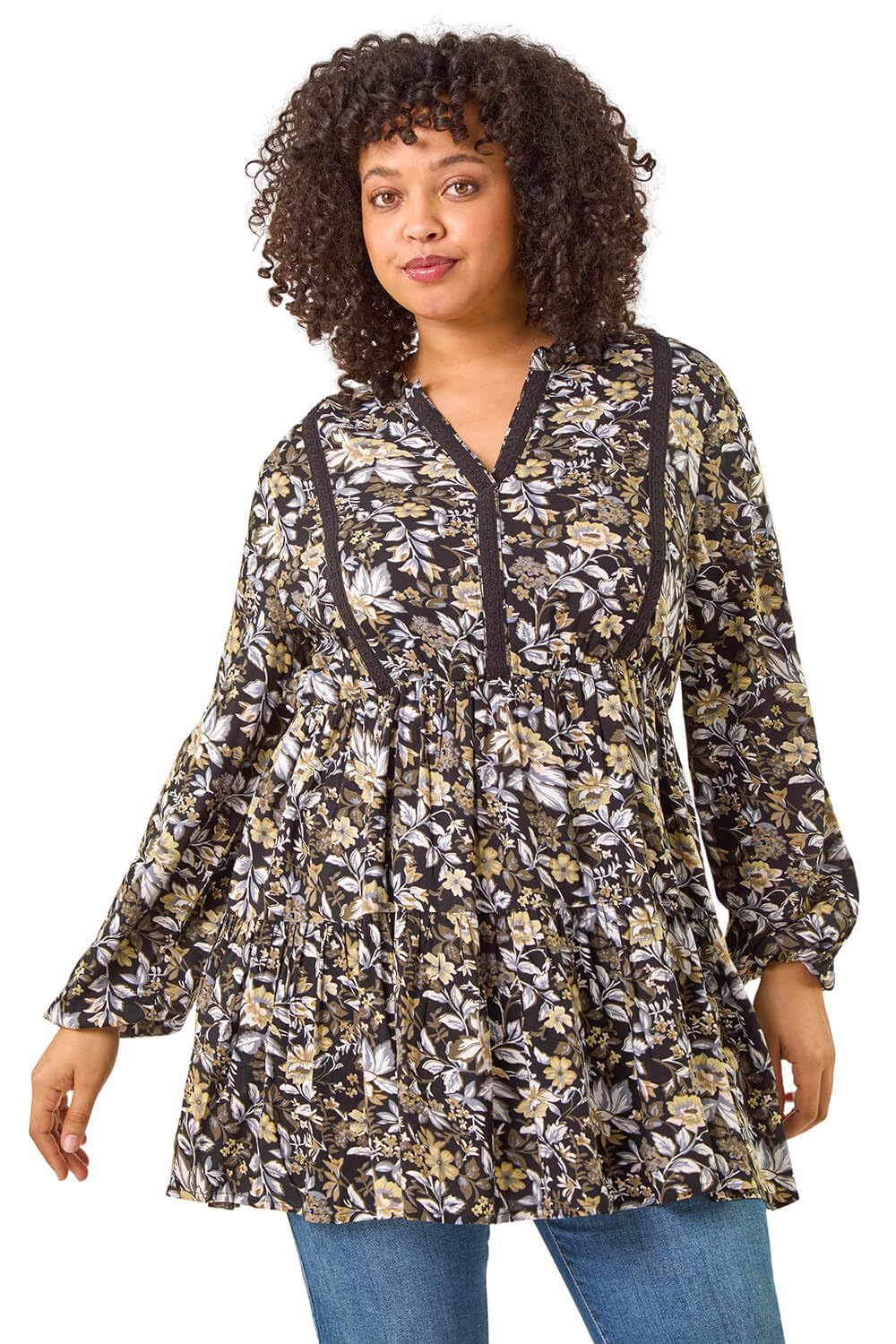 Roman Curve Women's Black Floral Woven Tunic Top Size 20