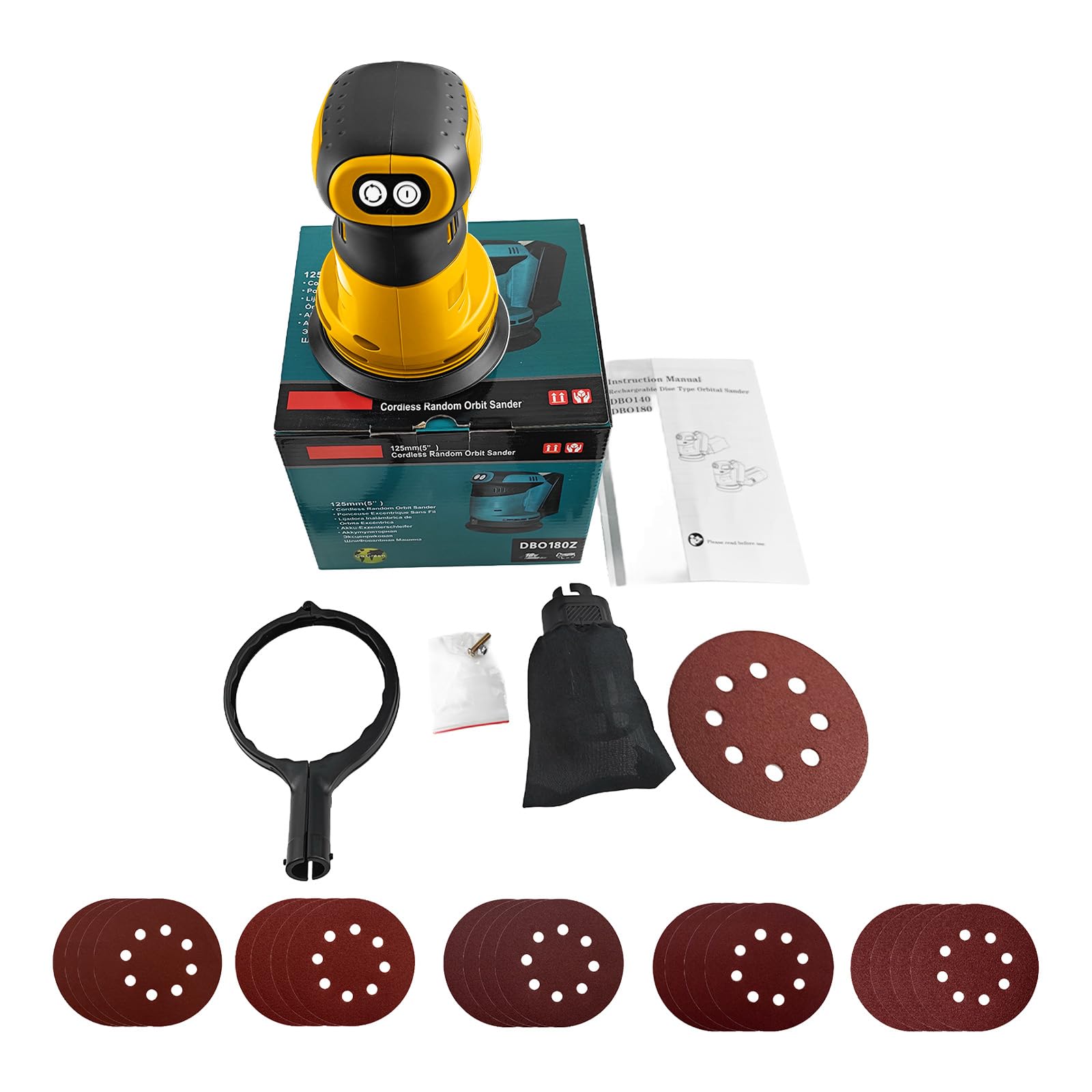 Roadtime Levigatrice orbitale per batteria DeWalt da 20 V (senza batteria), smerigliatrice da 125 mm, 20,000 giri/min, 3 velocità con contenitore di raccolta della polvere e 20 carta vetrata, per