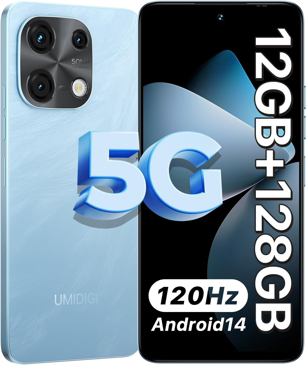 Note 100 5G Cell Phone, Android 14 Unlocked Phones, 12(6+6) GB+128GB/TF 1TB Expend, 5G Dual SIM, 50MP Camera, 6.8" HD+120Hz Display, Fingerprint+AI Face Unlock, 5000mAh Android Phone(Blue)