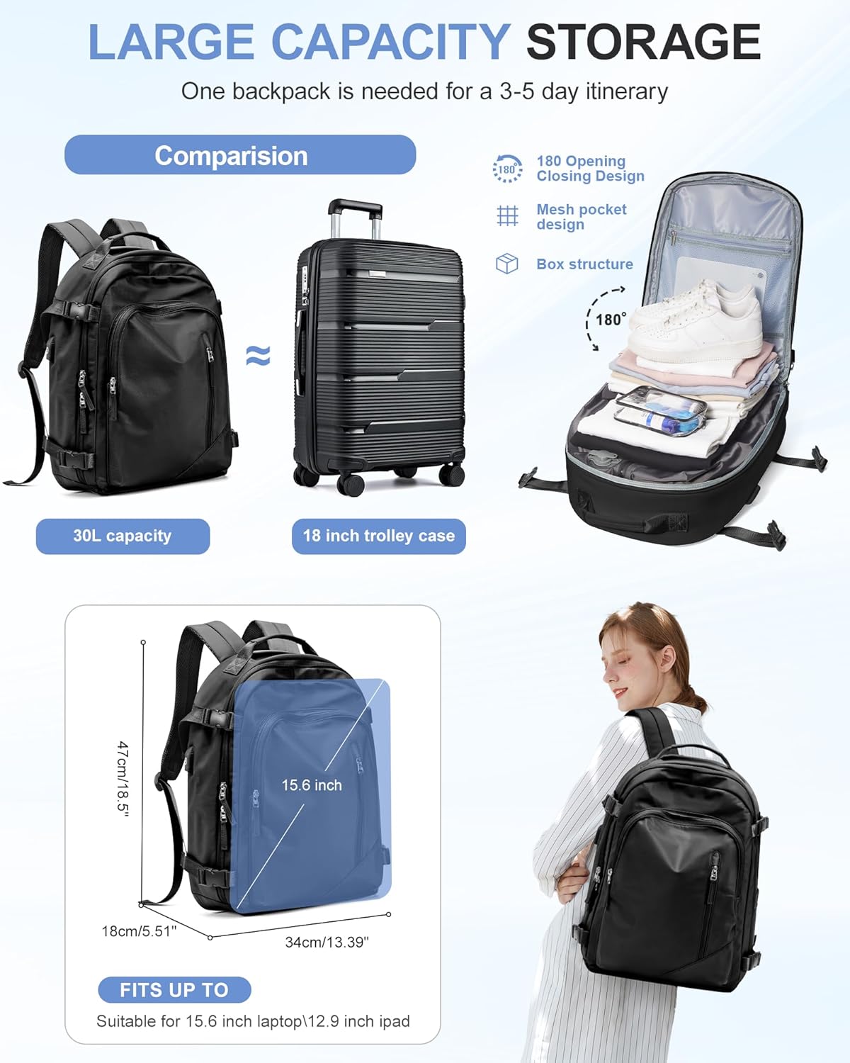 Black Vacuum Backpack for Travel, Waterproof Vacuum Seal Compression bag with Travel Pump, Carry on Backpack Flight Approved Personal Item Bag Casual Daypacks Cabin Bagage with USB Charger