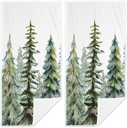 Easternproject Juego de 2 toallas de mano con árbol de Navidad verde y blanco, absorbentes en acuarela de pinos, toallas decorativas suaves para