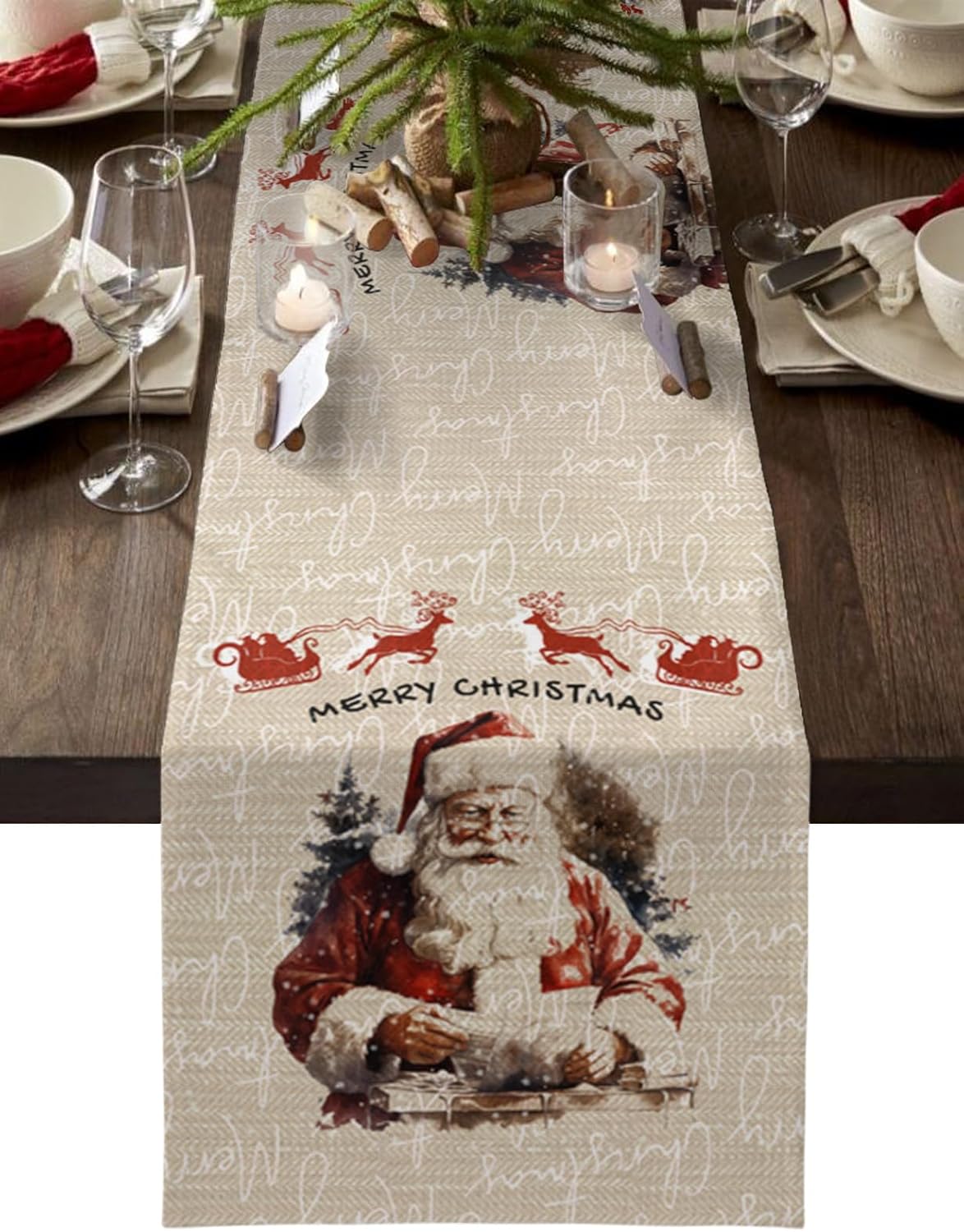 Christmas Santa Table Runner 48 Inches Long Cotton Linen