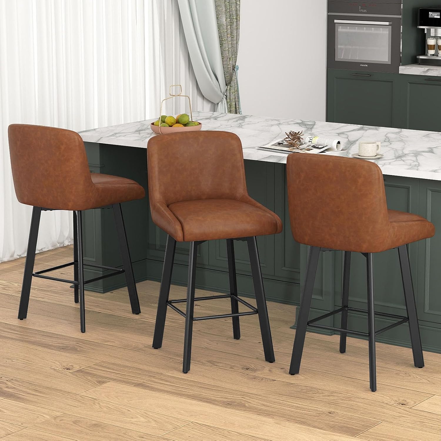 Swivel Bar Stools Set of 3, 26''H Upholstered Barstools with Backs, Modern Counter Height Bar Stool Chairs for Kitchen Island, Metal Legs, Faux Leather, Brown Counter Stools