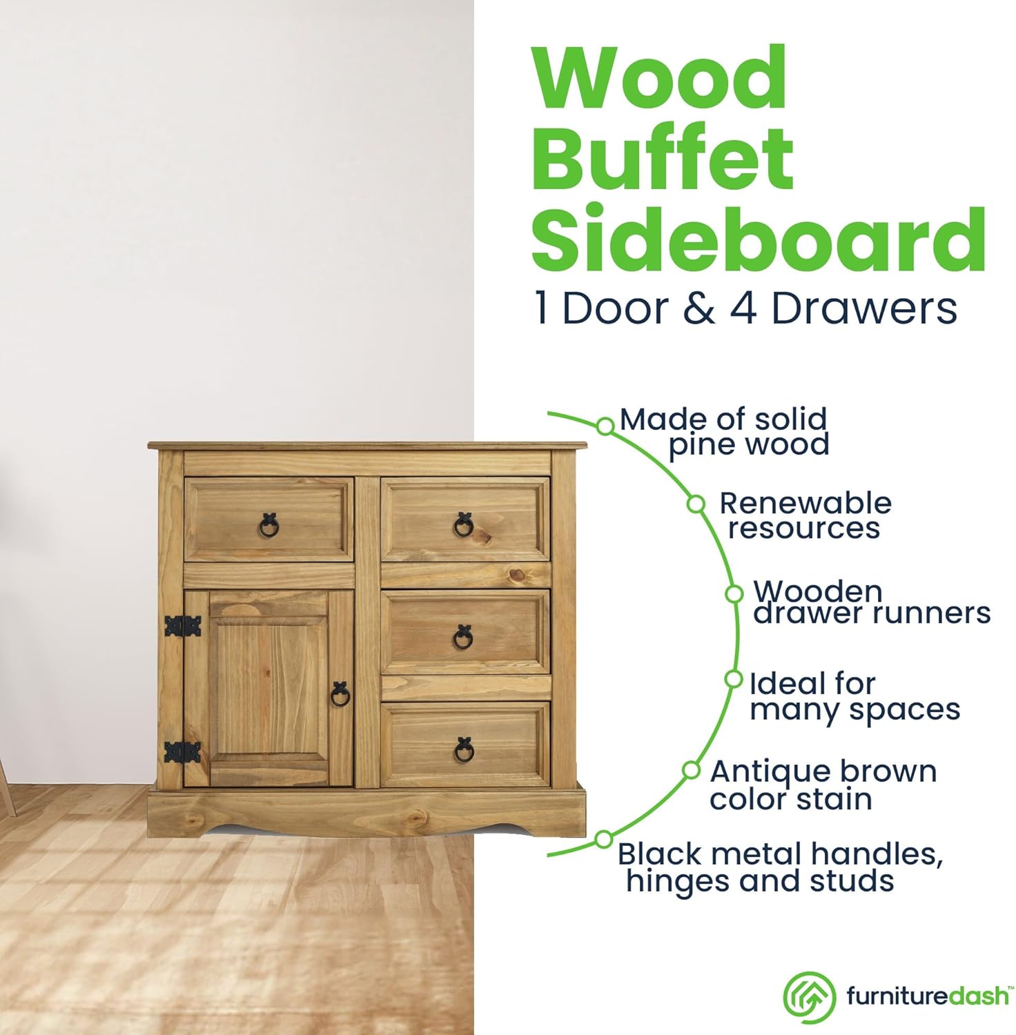 Furniture Dash Solid Wood Storage Cabinet 34" W, 15.8" D, 30" H - Sideboard Buffet with 4 Drawers & 1 Door, Ideal for Living Room, Kitchen, Entryway, Dining Room & Hallway, Corona