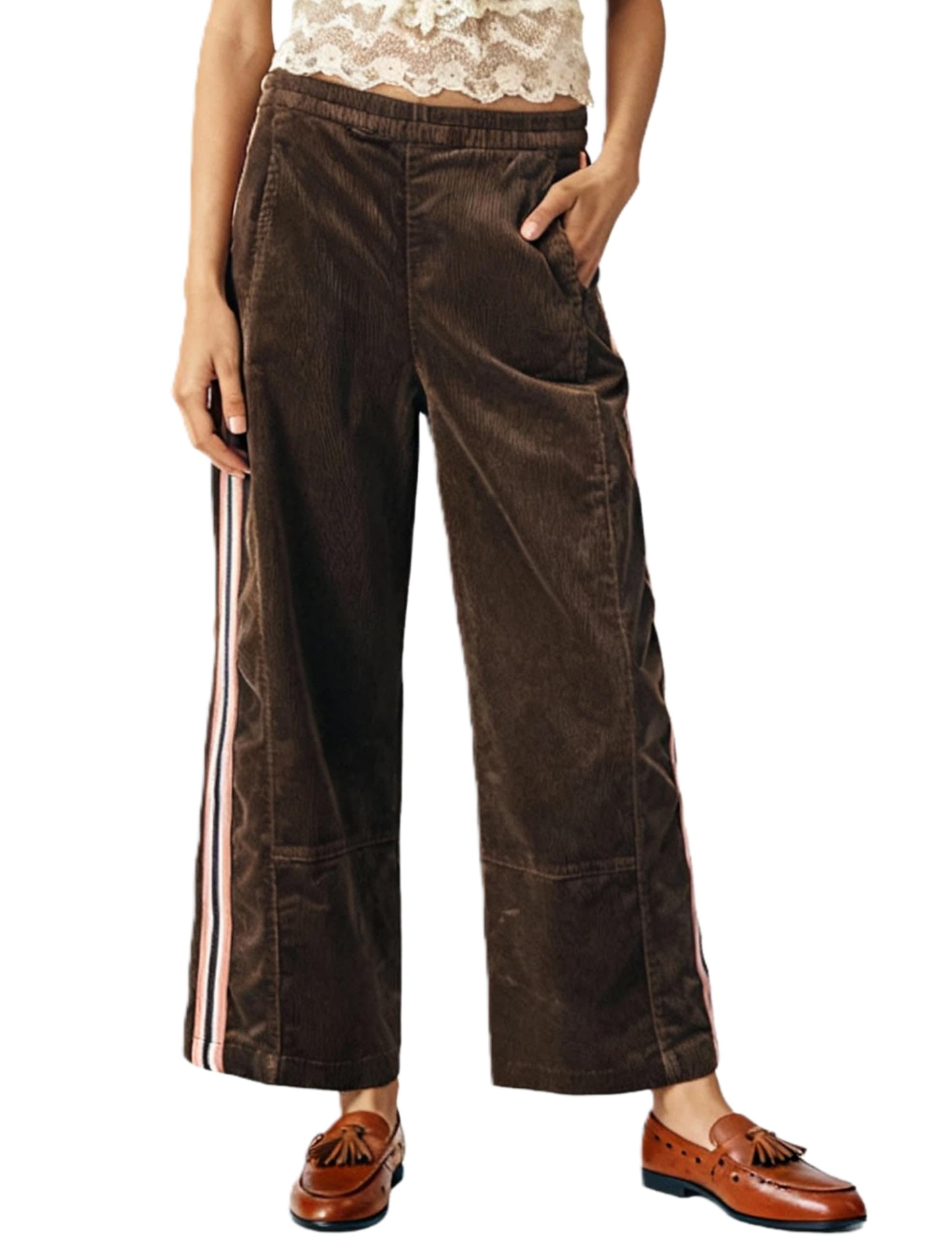 Majdan Womens Corduroy Pants Casual Elastic Waist Barrel Pants Wide Leg Cropped Trousers with Pockets