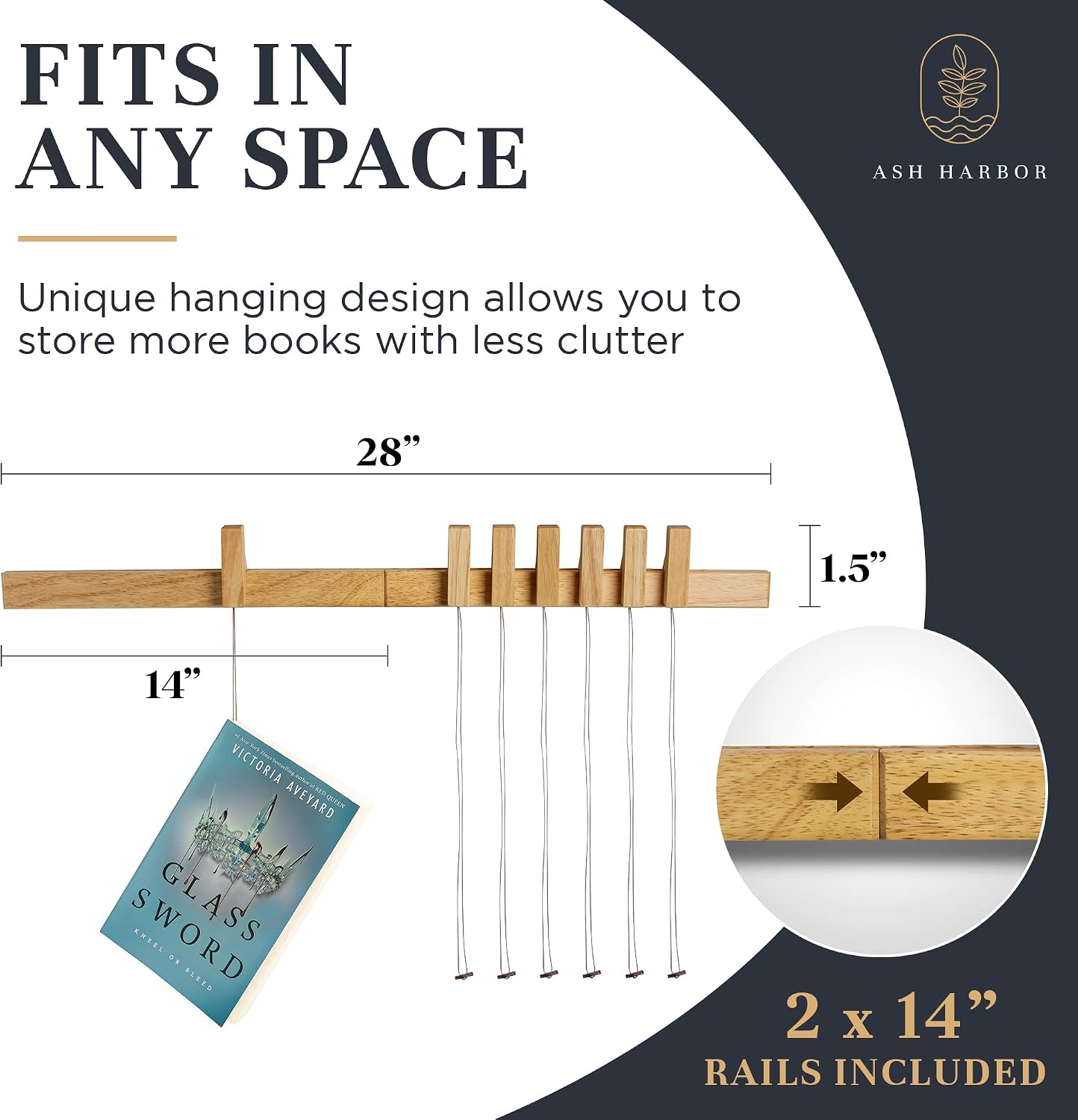 Ash Harbor Floating Wall Bookshelf - Wall Mounted Book Organizer with Included Bookmarks - Hardwood Hanging Bookshelf for Bedroom, Living Room, or Kitchen - A Thoughtful Gift for Book Lovers (Natural)