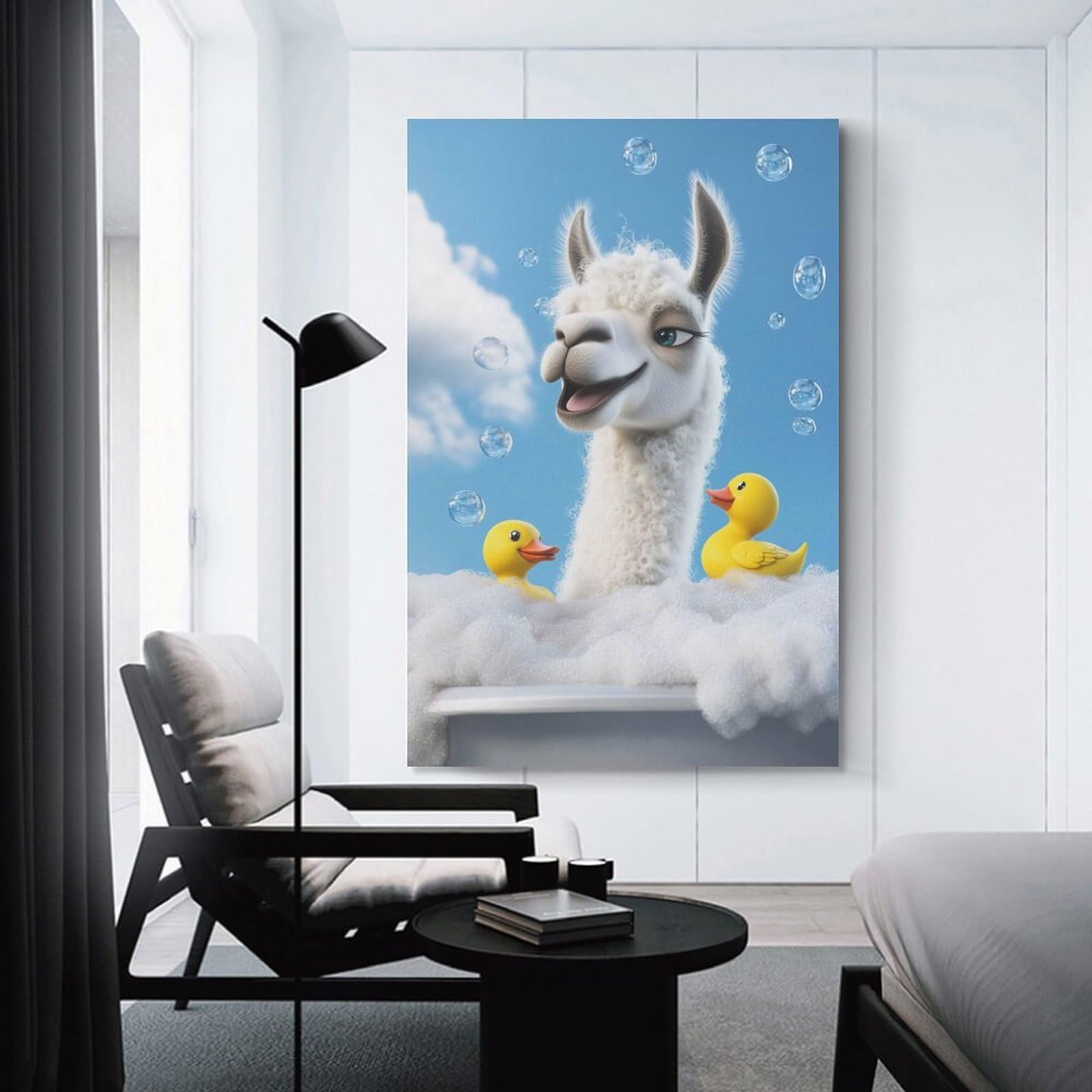 Junmoney Llama Bath Time Hanging Wall Art 12x18inch(30x45cm), for New Homes, Bedrooms Or Workspaces, Thoughtful Wall Decor for Art Lovers