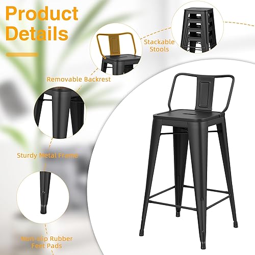 Miniatura 7 de Yongchuang Juego de 4 taburetes de bar de metal para interiores y exteriores, sillas de bar con respaldo bajo de 26 pulgadas, color negro mate