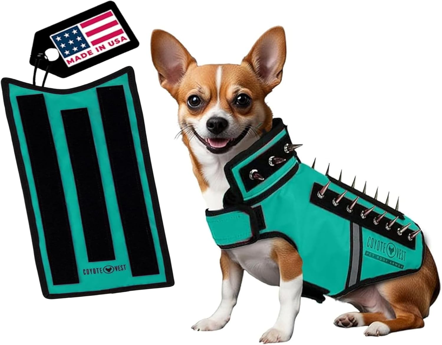 CoyoteVest SpikeVest Dog Harness Vest with Spikes & HawkShield Pad Bundle- Protective Dog Vest with Kevlar Shield for Dogs, Anti-Hawk, Raptor & Predator Safety Armor, Made in USA (X-Small, Turquoise)