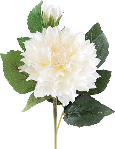Miniatura 3 de Paquete de 4 flores artificiales de dalia artificiales de 23 pulgadas, tallo de dalia artificial (blanco), flores artificiales largas de seda