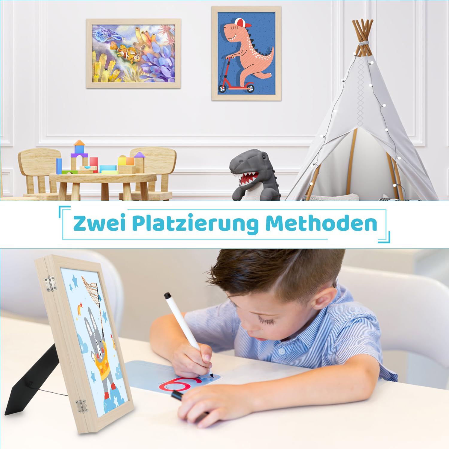 2 Stück Bilderrahmen für Kinderzeichnungen, A4 Befüllba Kunstfotorahmen für Kinder, Kinder Kunst Bilderrahmen, Frontöffnung Bilderrahmen für Kunstwerke (Holzfarbe)