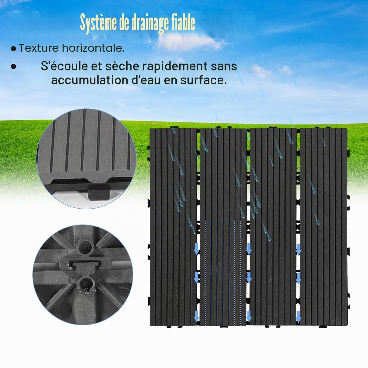 WPC - Lot de 55 dalles de terrasse en bois - 30 x 30 cm - Pour 5 m² - Aspect bois - Revêtement de sol de balcon avec système à clic - Lames étanches pour balcon et terrasse (anthracite)