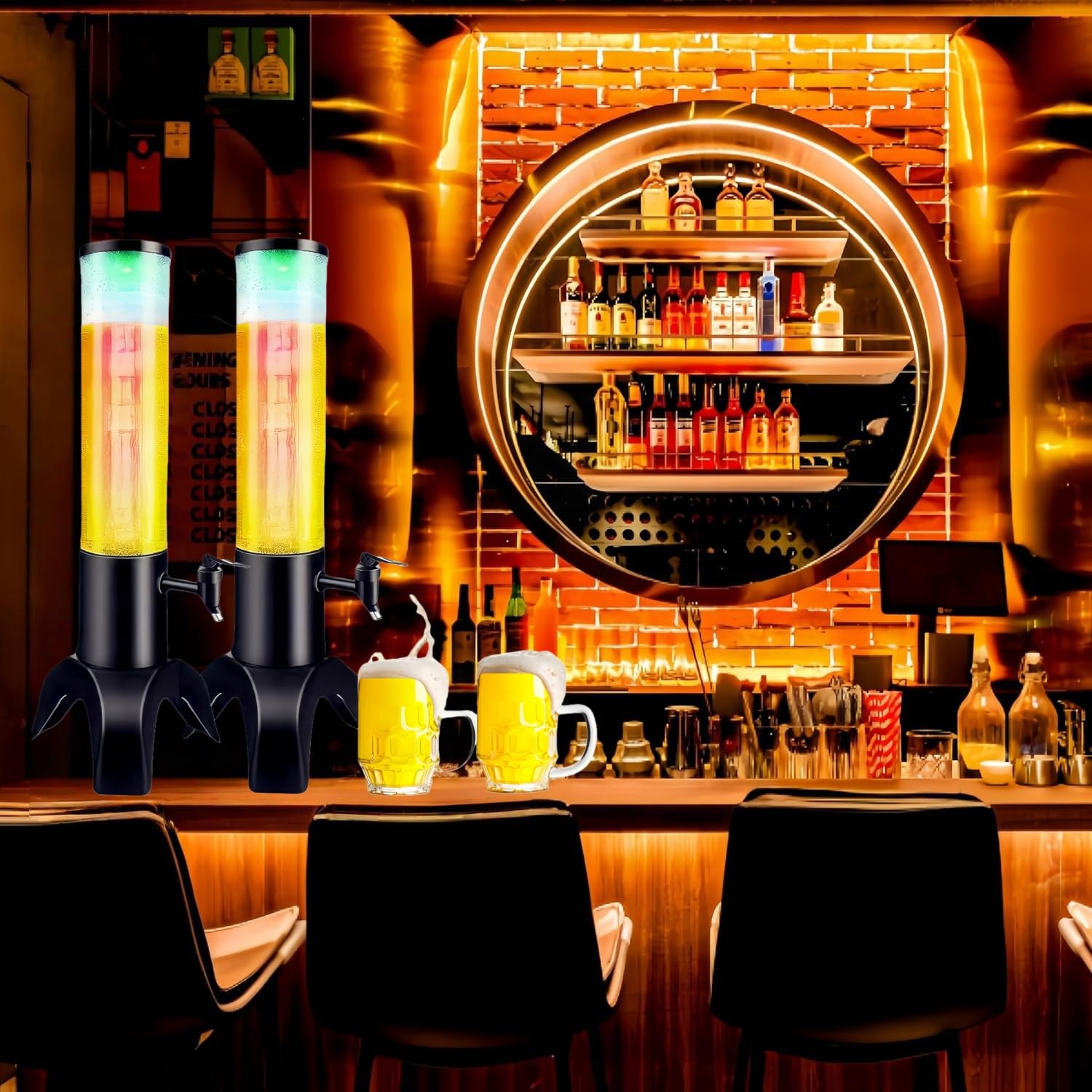 Torre de bebidas: dispensador de torre de mimosa de 1.5 L con tubo de hielo y luz LED, dispensador de cerveza de mesa de 50 onzas/1.58 cuartos de galón para fiestas, bares, pubs, restaurantes