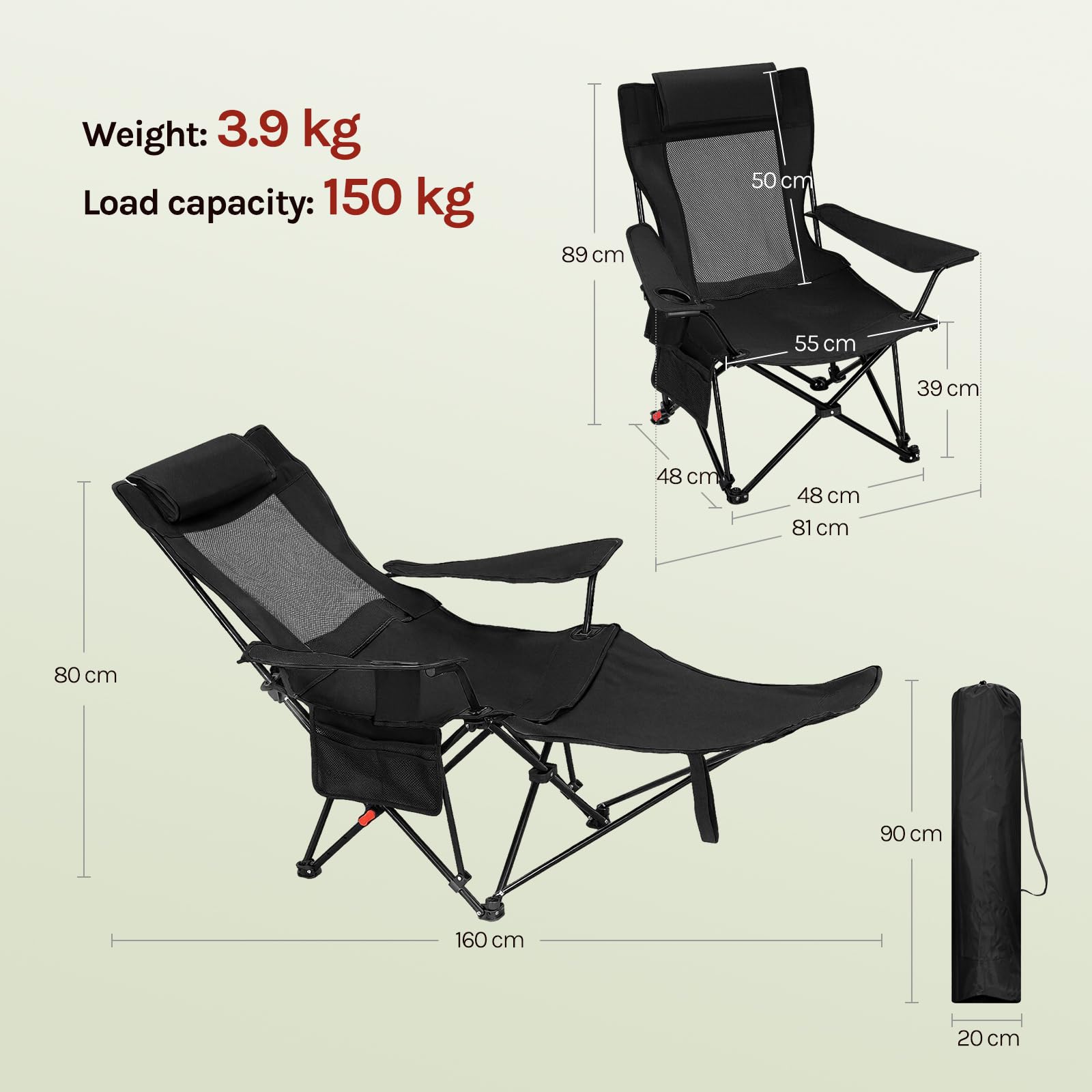 WOLTU Set di 2 Sedie Pieghevoli, Sdraio da Giardino, Regolabili in 3 Posizioni, Supporta 150 kg, con Portabicchieri, Tasca Laterale, Poggiapiedi, per Campeggio, Pesca, Spiaggia, Nero