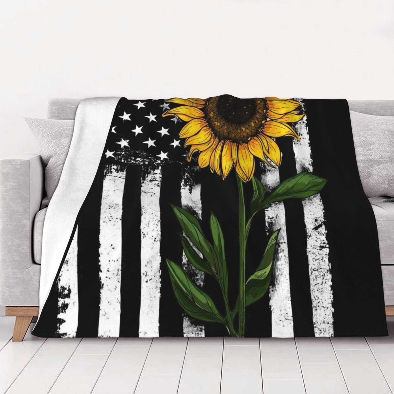 AUBKFELD Sunflower And American Flag Printed Flannel Blanket 102x76 CM, Soft & Warm Throw Blanket for Sofa/Couch/Bed/Car, Gifts for Audlts Women Men