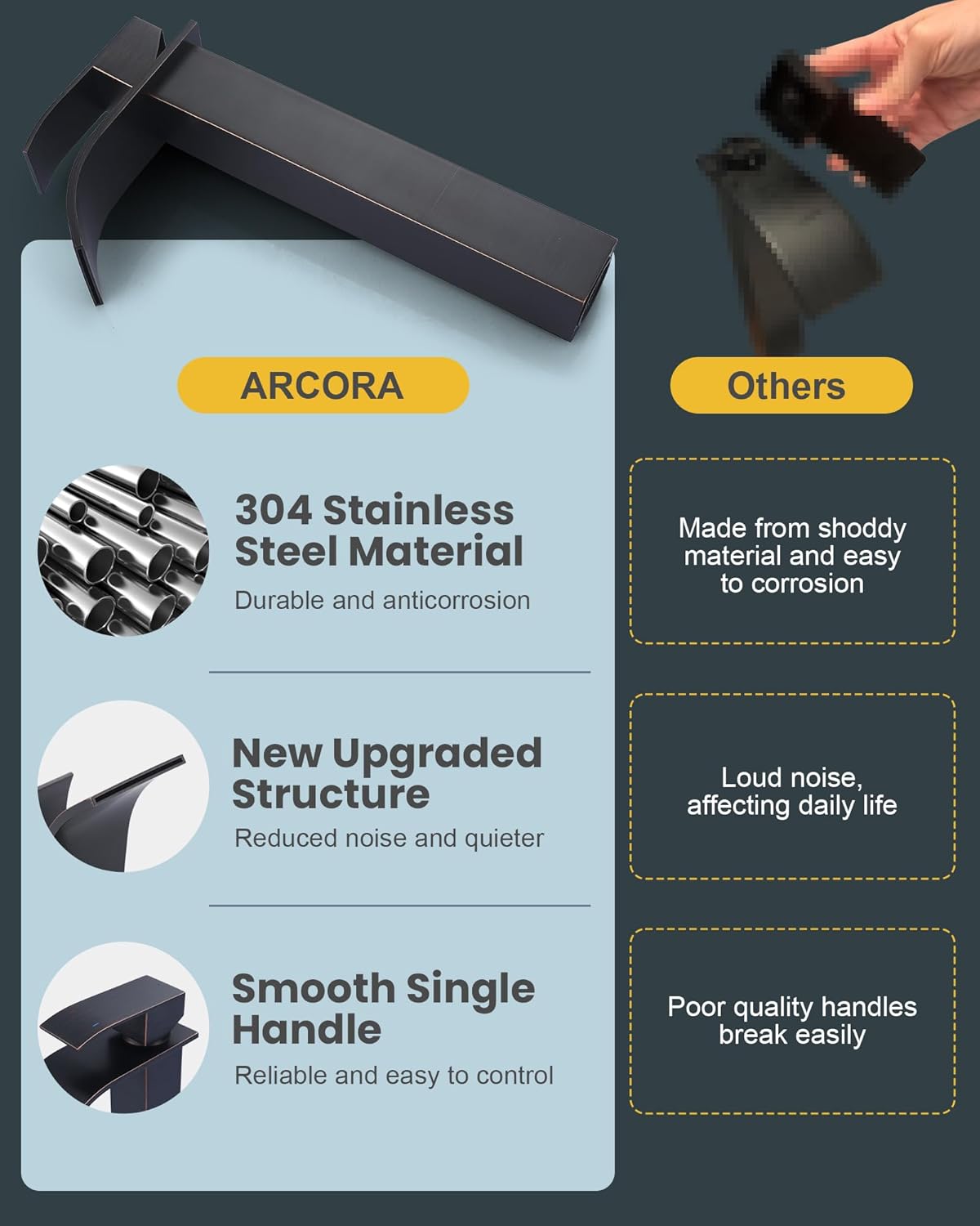 Vessel Sink Faucet Black and Gold: ARCORA Single Hole Tall Waterfall Bathroom Faucet, Single Handle Lavatory Vanity Tap with Pop Up Drain and cUPC Supply Lines - Image 4