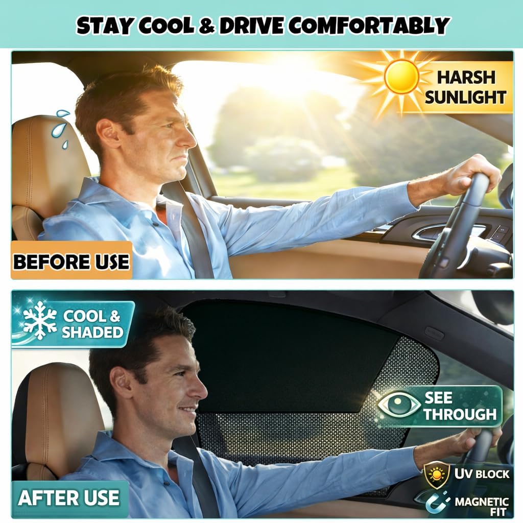 Car Window Shades, 2 Pack Magnetic Half Blackout & Half See-Through Car Shades for Side Windows, Front Window Cover Block Heat UV Rays Glare for Driver Passenger