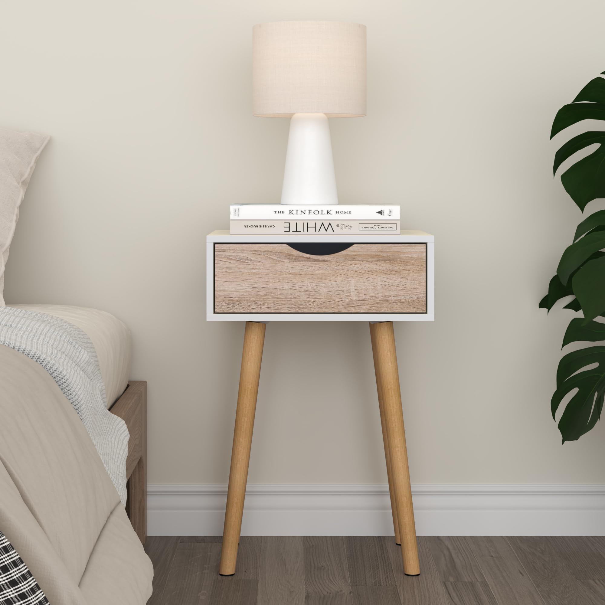 [en.casa] Set di 2 Comodini con Cassetto Tavolini Laterali per Divano Mobiletto da Notte 60 x 40 x 29,5 cm per Camera da Letto Soggiorno Corridoio Ingresso - Bianco/Effetto Rovere