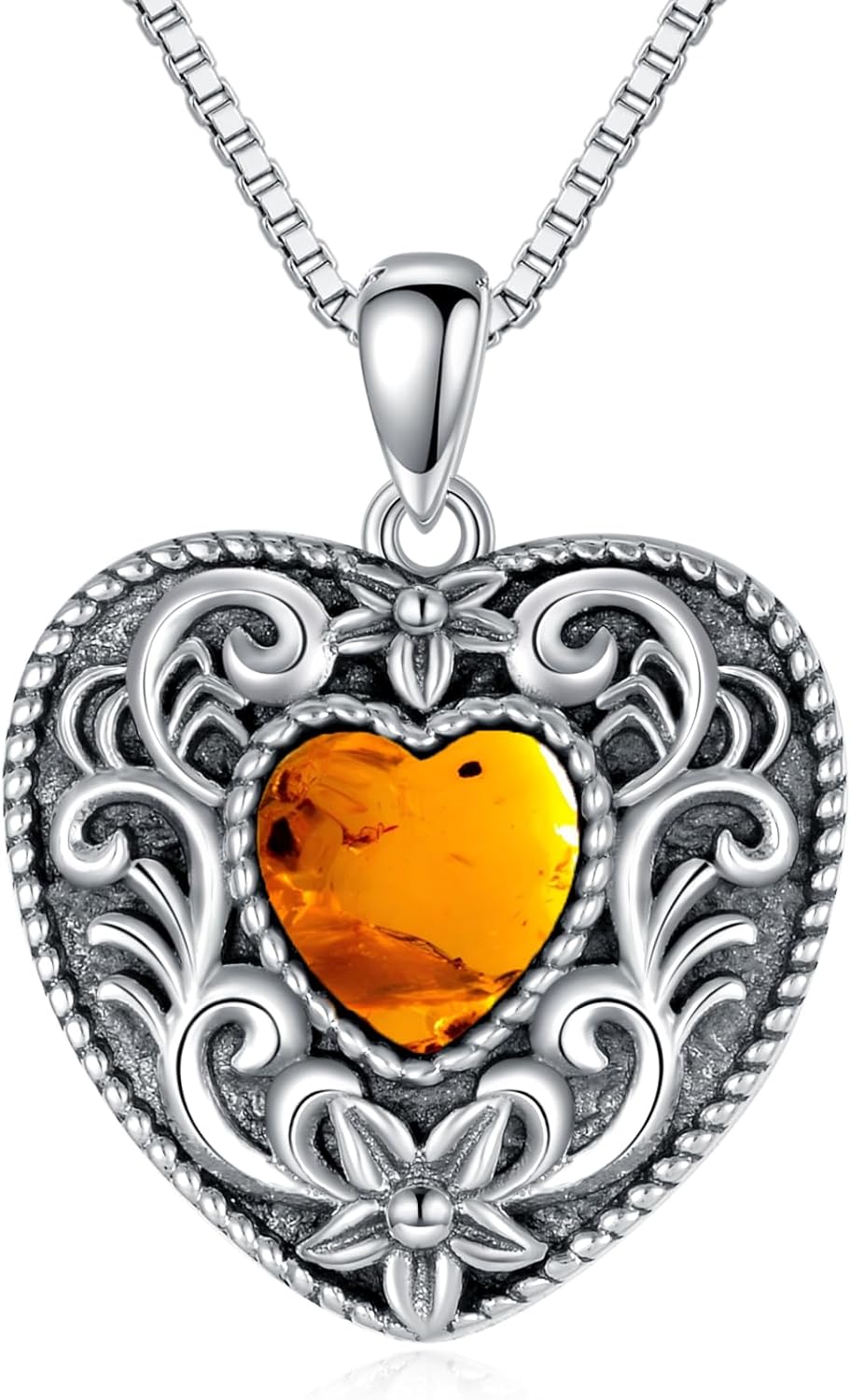 Heart Genuine Amber Flower Pendant Necklace 925 Sterling Silver Healing Natural Gemstone Jewelry for Women Amber Lover