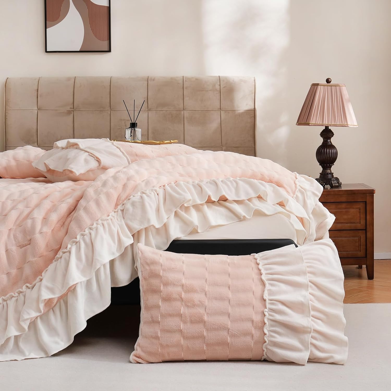 Bedding_Dreamer Faux Fur Comforter Set King Pink Fluffy Bedding Set Boho Ruffle Bed Home Decor Soft Fluffy Fuzzy Plush Diwn Comforter Pink Shaggy Quilt Set