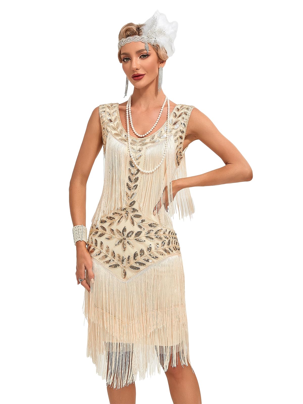 Viloree Robes Femme Flapper V Neck des années 1920 Perles frisées Grande Robe Gatsby
