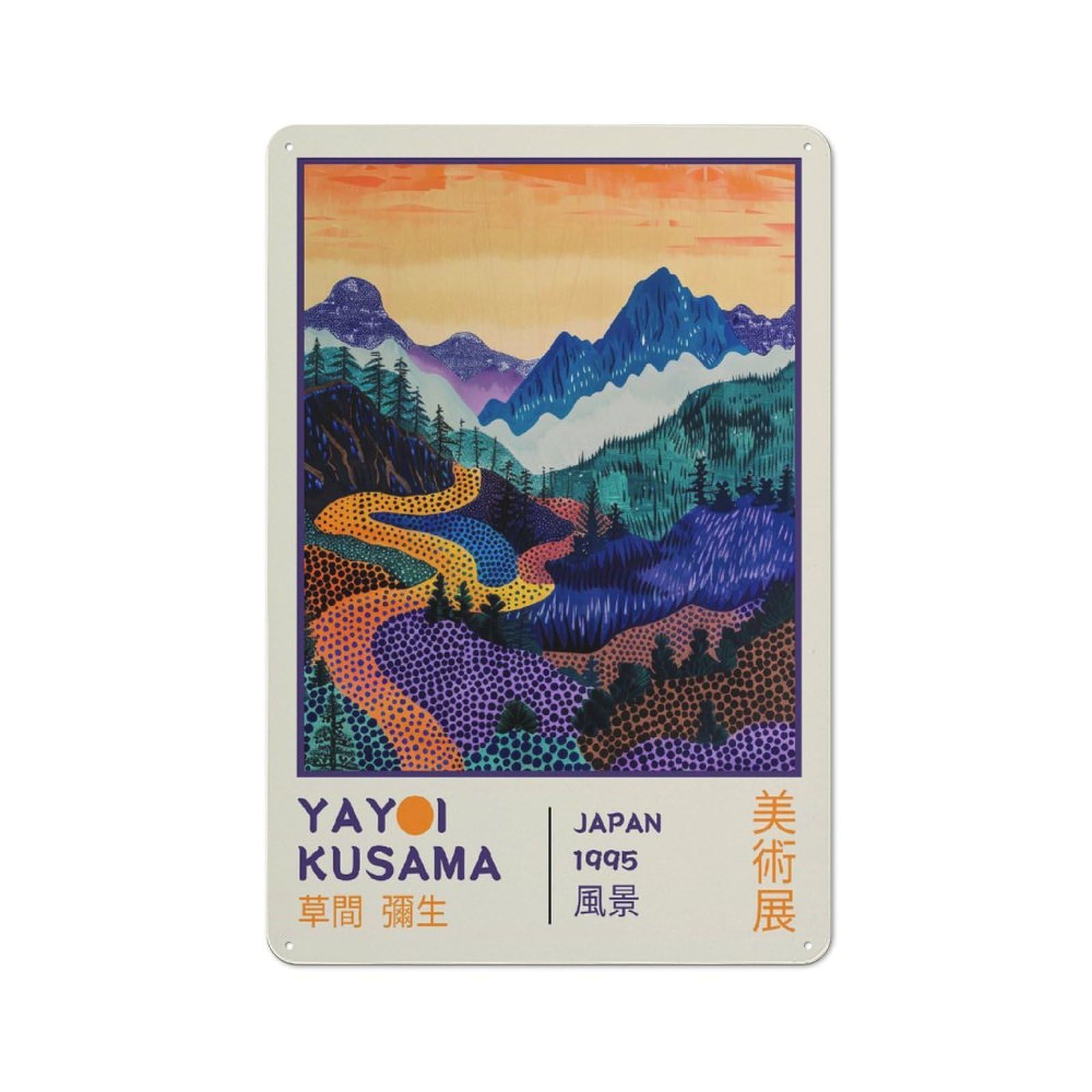 Junmoney Style-3 Yayoi Kusama Mountains Exhibition Poster Workshop Style Metal Wall Decor 30X20cm, Decorative Metal Plaque For Garage, Workshop, Shed Or Utility Room