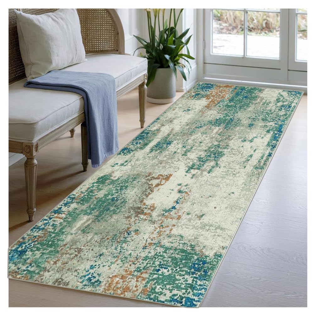 BORKOY Modern Abstract Green Runner Rugs for Hallway 90x450cm Non Slip Washable Low Pile Carpet Runner for Kitchen Bedroom Entryway Laundry Hall Runners Contemporary Long Hallway Carpet