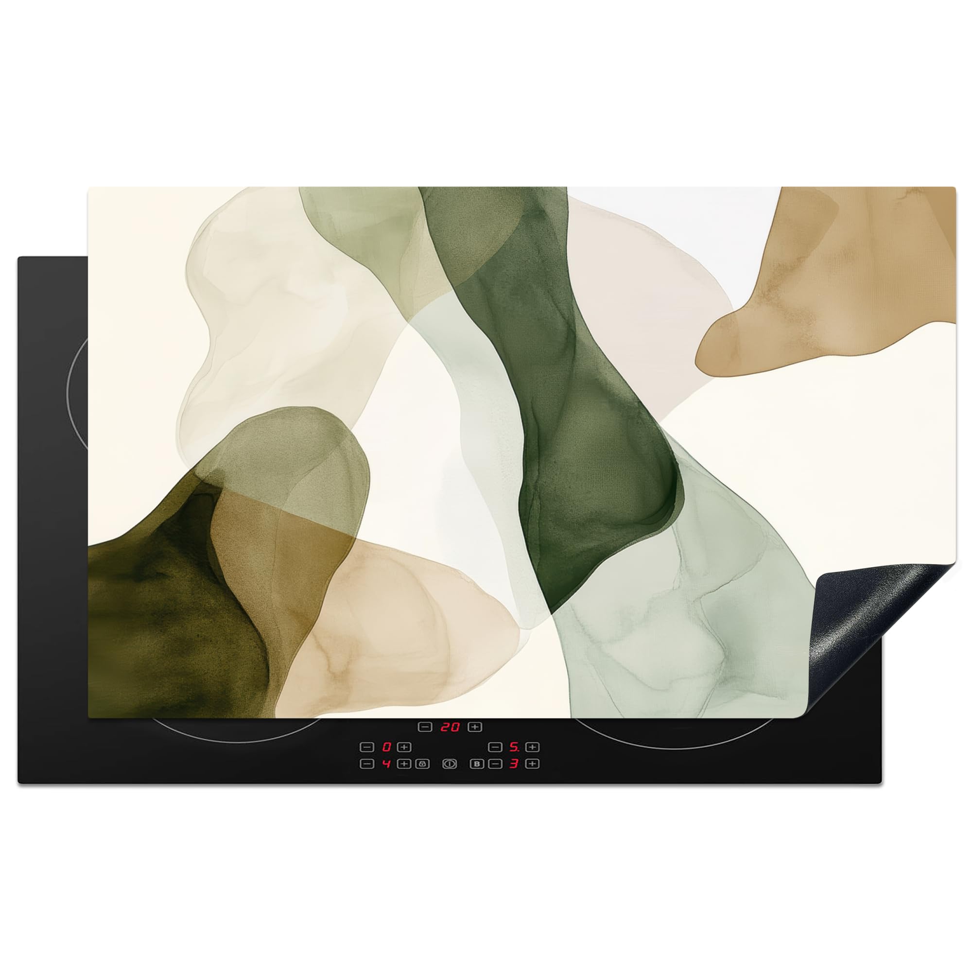 KitchenYeah© Induction Hob Protector Mat 20.5"x33.5" / 85x52 cm Stove Cap Top Cover Kitchen Cooker Covers for Electric Hobs Vinyl Japandi - Abstract - Green