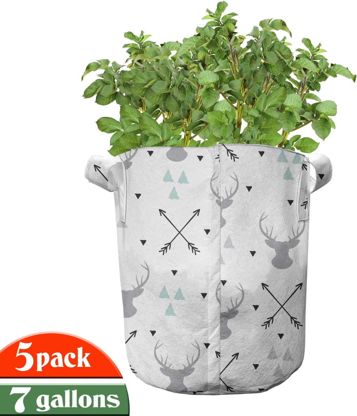 Lunarable Antlers Grow Bags 5-Pack, Scandinavian Design Deer, Heavyduty Fabric Pots with Handles for Plants, 7 Gallon, Grey Mint Green Black