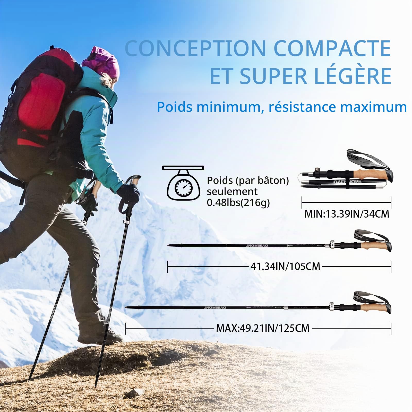 Overmont Bâtons de Randonnée Pliable Antidérapant Ultraléger Bâtons de Marche Réglable, Idéal pour Randonnées Camping Ski Trekking, 2 PCS