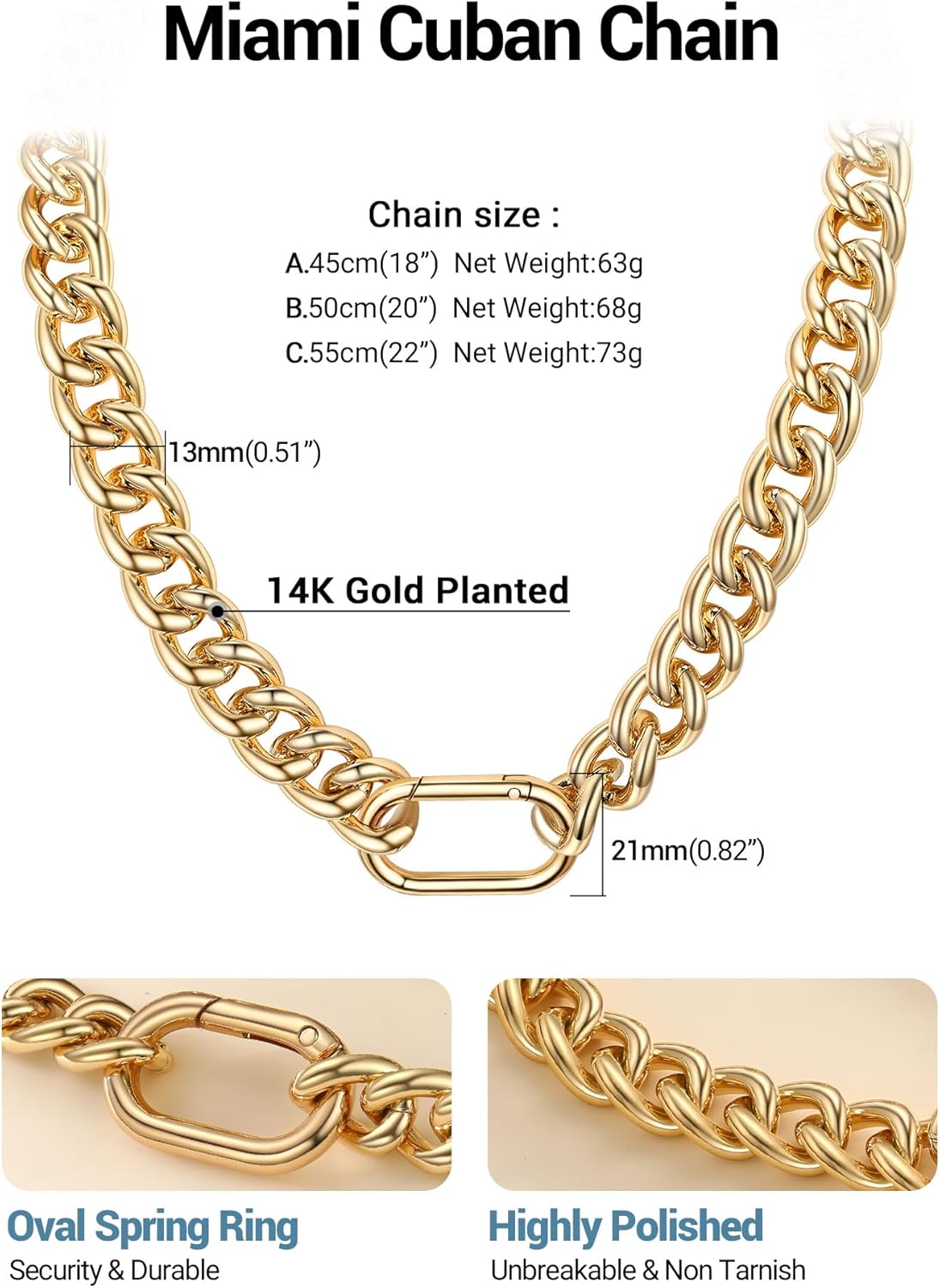 Chunky Gold Necklace for Women, 14K Gold Cuban Chain with Oval Spring Ring, 13MM/16MM/23MM 14K Gold Plated Womens Gold Chain Necklace Hip Pop Trendy Jewlry Gifts - Image 4