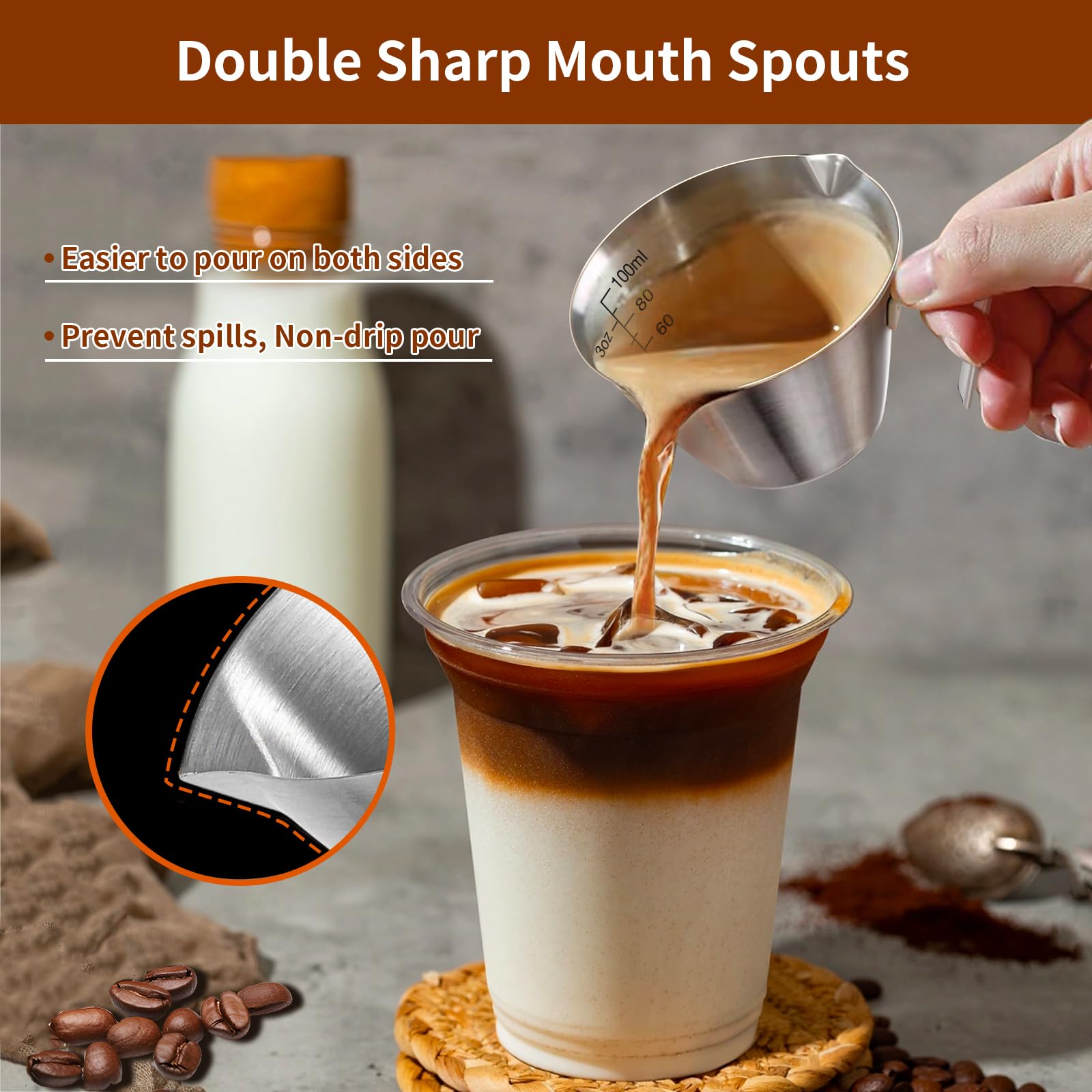 carrottimes 1Pc Stainless Steel Espresso Cups, Double Spout Metal Measuring Cup with Dual Scale - Image 2