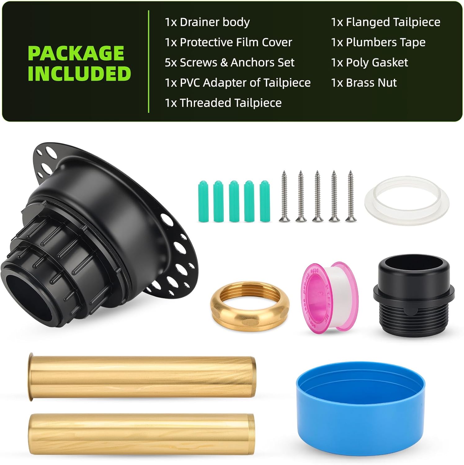 ITD35 ABS Tub Drain Kit Compatible with Freestanding Bathtubs Floor Mounted/Island Bathtub Rough-in Replacement Parts with PVC Adapter Brass Tail Pipes Protective Cover Replace# ITD35