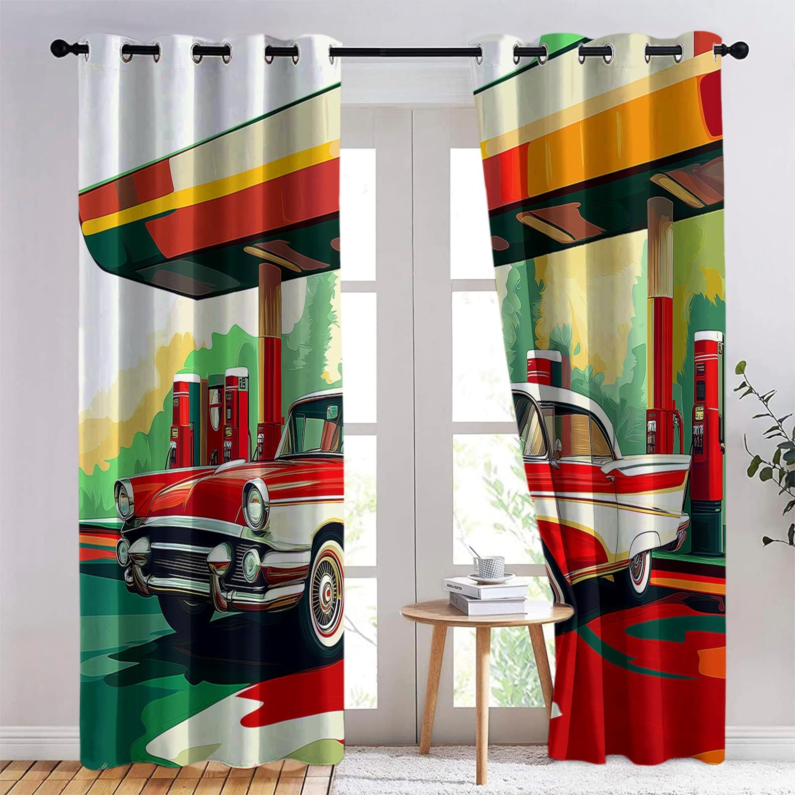 Zestaw 2 zasłon zaciemniających, plakat na stację benzynową, retro, do samochodu, izolacja termiczna, ochrona przed zimnem, poliester, 90% zaciemniająca z oczkami, do sypialni, salonu, kuchni