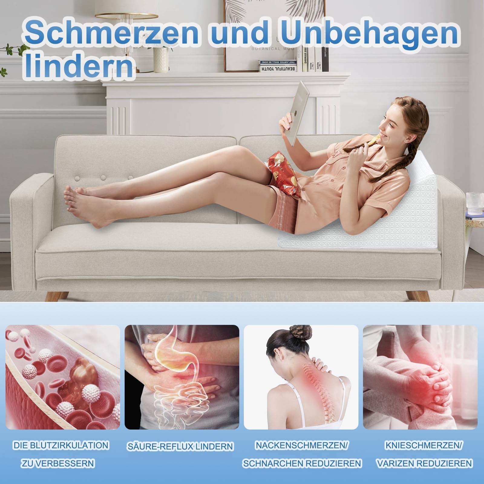 Almohada en cuña de espuma viscoelástica y espuma de alta densidad en estructura de doble capa Adecuada para cama y sofá como cojín para las piernas o para la espalda UN cojín en cuña como