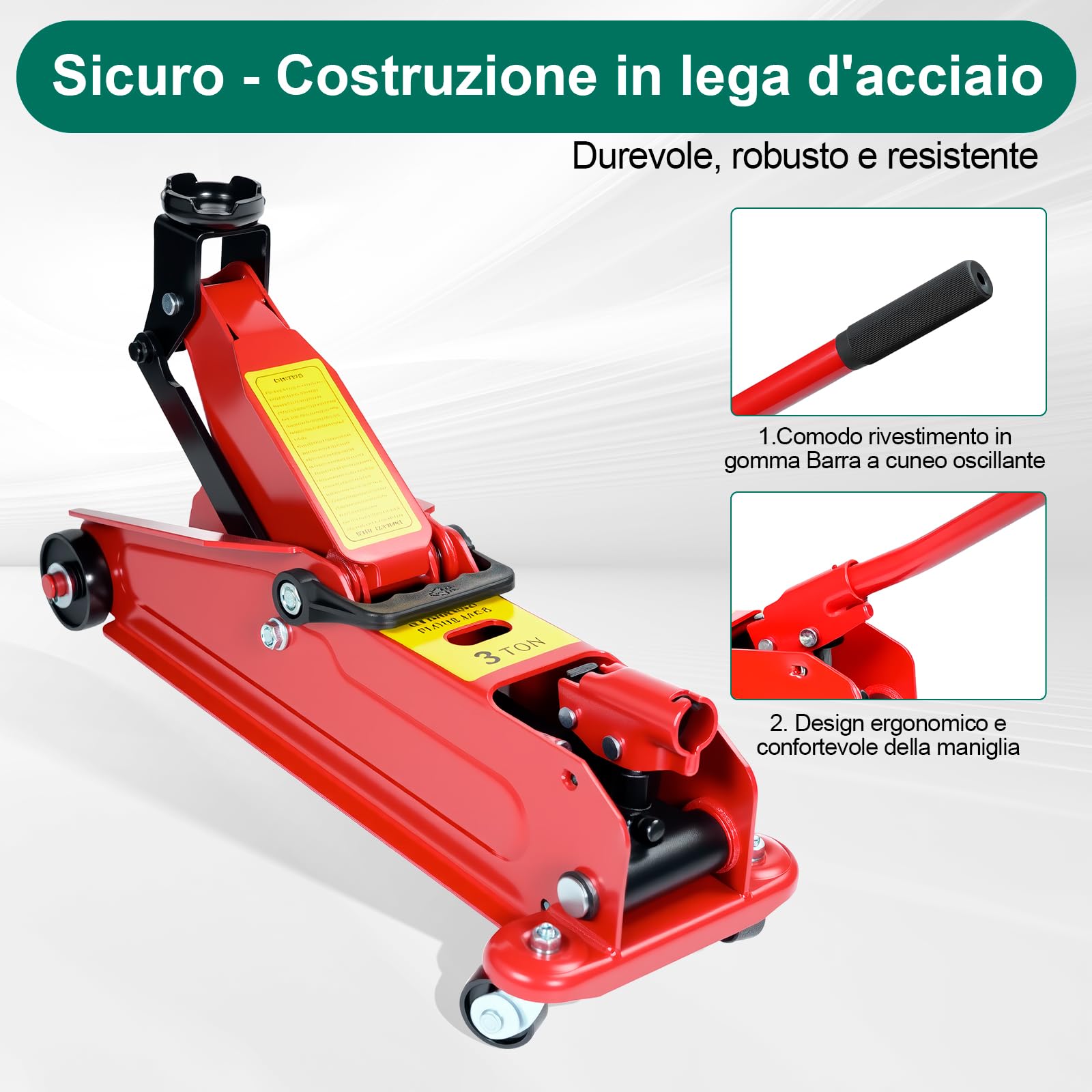 HYCHIKA Cric a Carrello 3T, Cric Idraulico per Auto, Martinetto Idraulico per Auto, Gamma di Sollevamento 135-370 mm, Ruote a 360°, Cric Auto Idraulico per Auto, SUV, Cambio Gomme