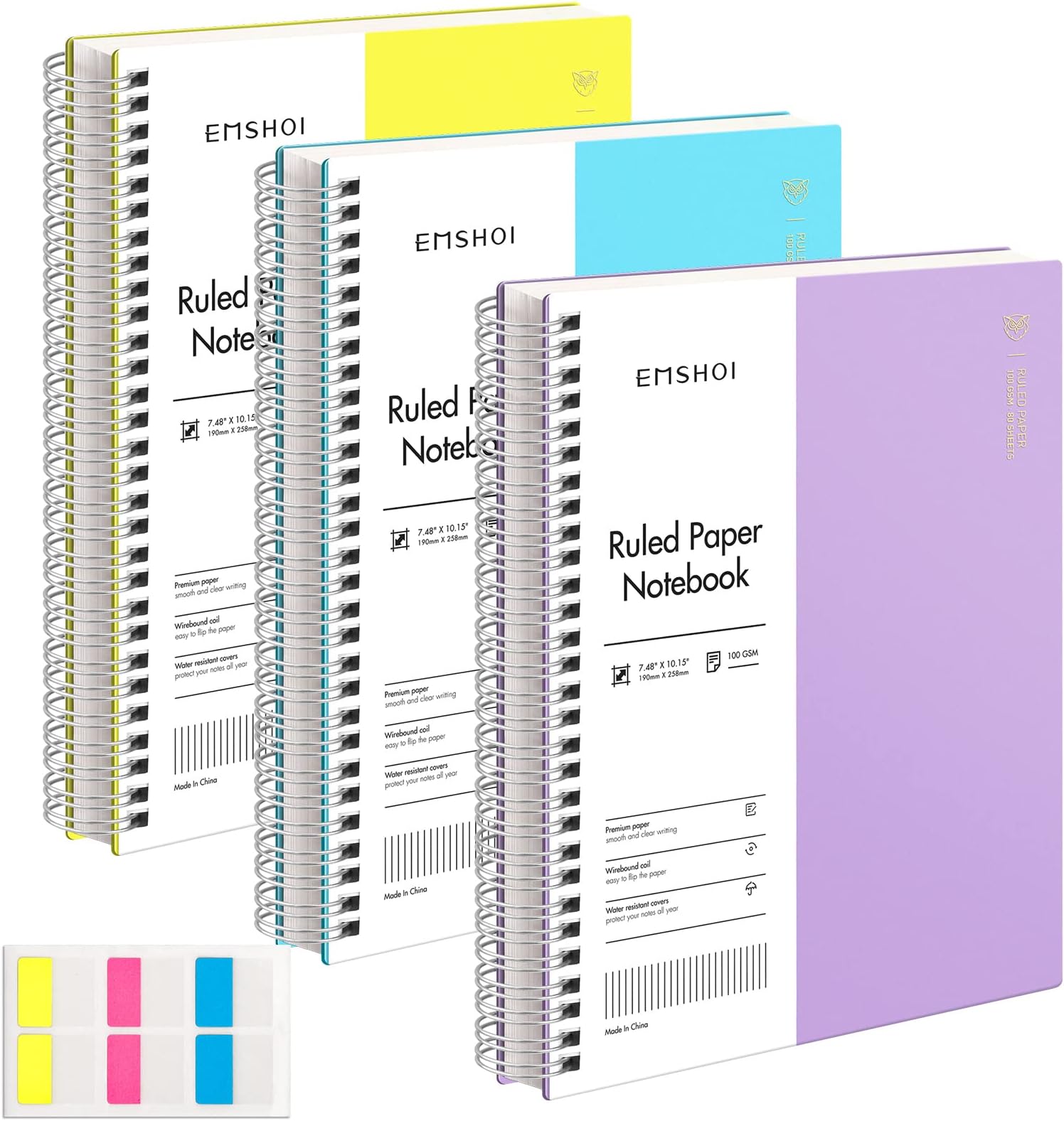 EMSHOI Spiral Notebook College Ruled, 3 Pack 7.48" x 10.15" B5 Large Composition Notebooks, 480 Pages 100gsm Thick Lined Journal, with Sticky Notes, Plastic Hardcover, Yellow, Blue, Purple