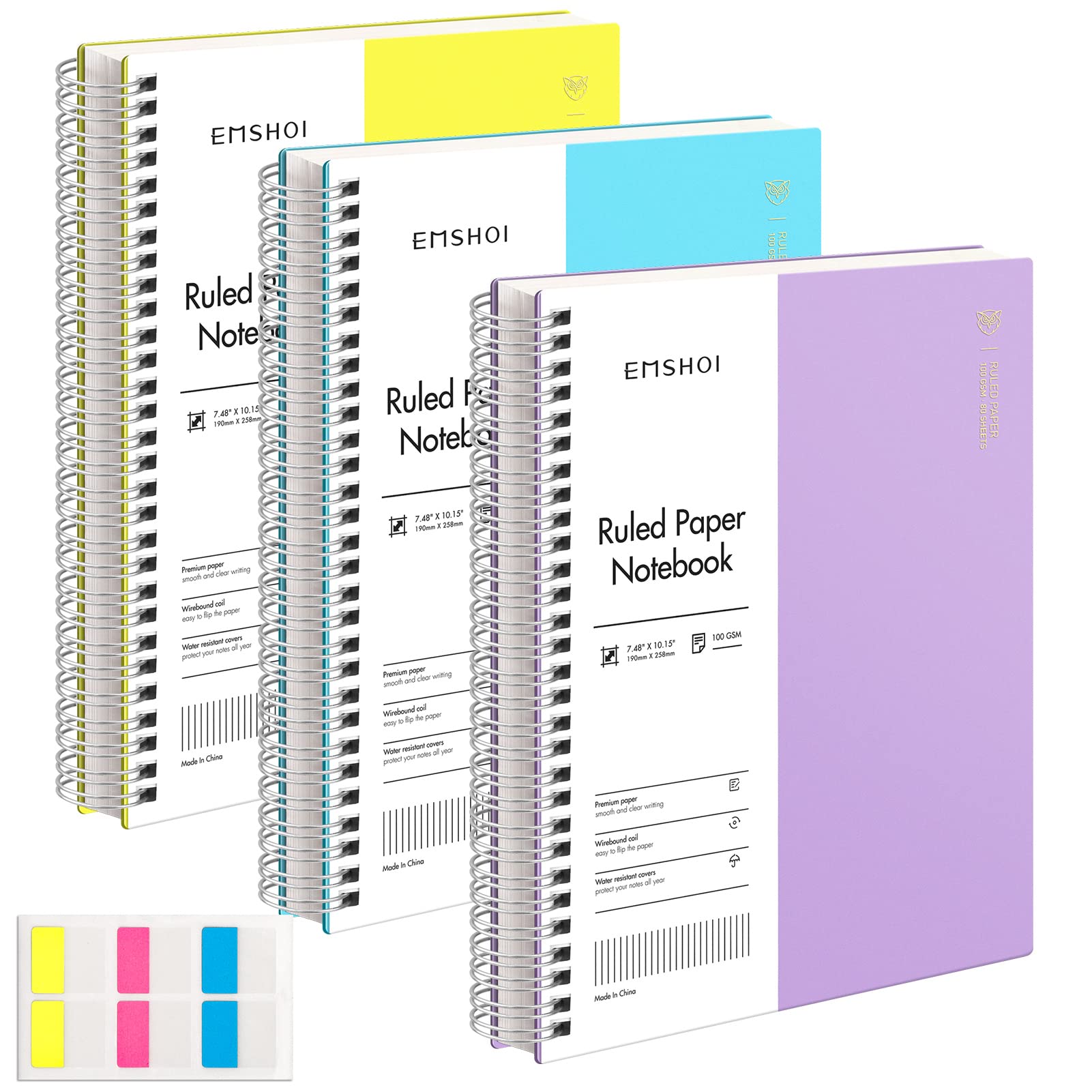 EMSHOISpiral Notebook College Ruled, 3 Pack 7.48" x 10.15" B5 Large Composition Notebooks, 480 Pages 100gsm Thick Lined Journal, with Sticky Notes, Plastic Hardcover, Yellow, Blue, Purple