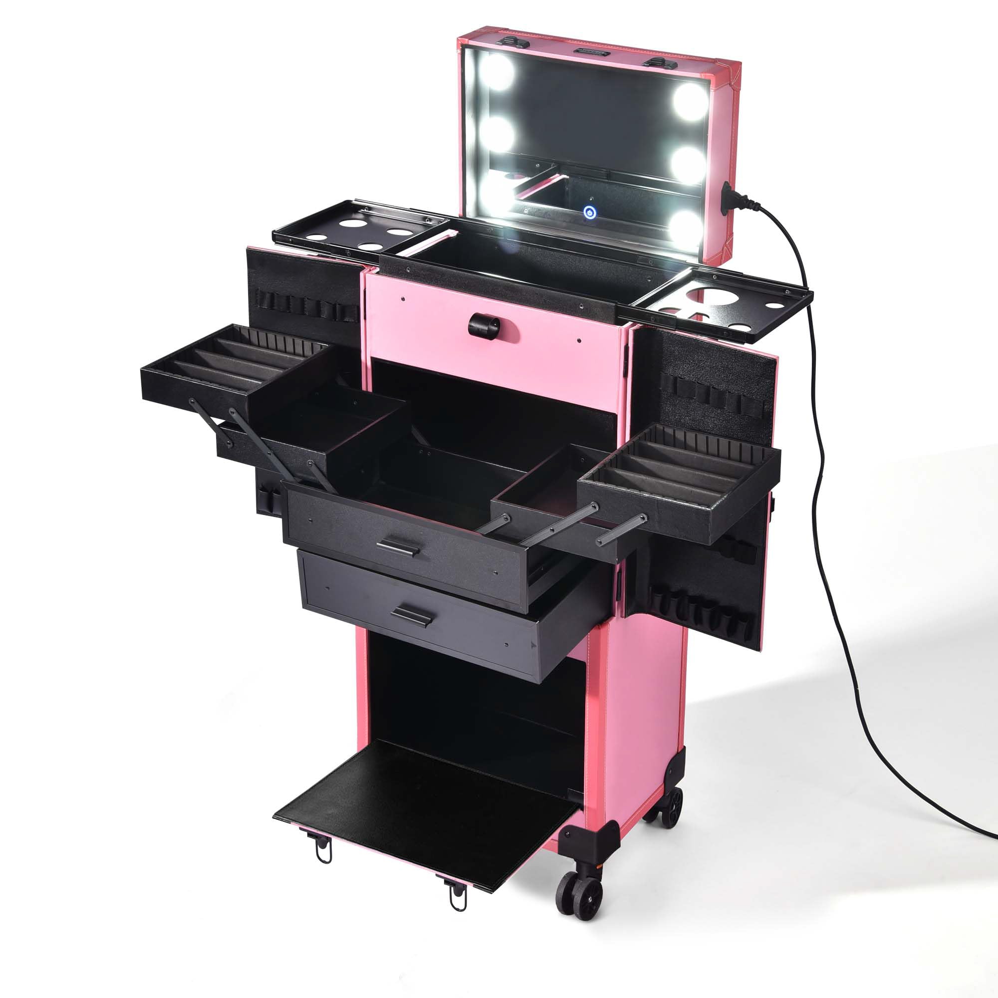 BYOOTIQUE Pink Rolling Makeup Case with Mirror Light Pro Large Cosmetic Artists Hair Stylist Barber Organized Trolley Lockable